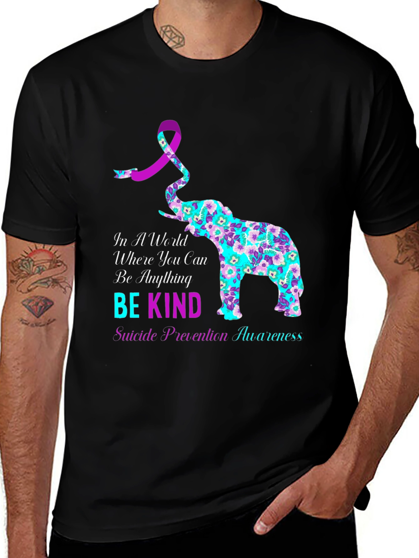 Black Be Kind Suicide Awareness Elephant Graphic Tee main image