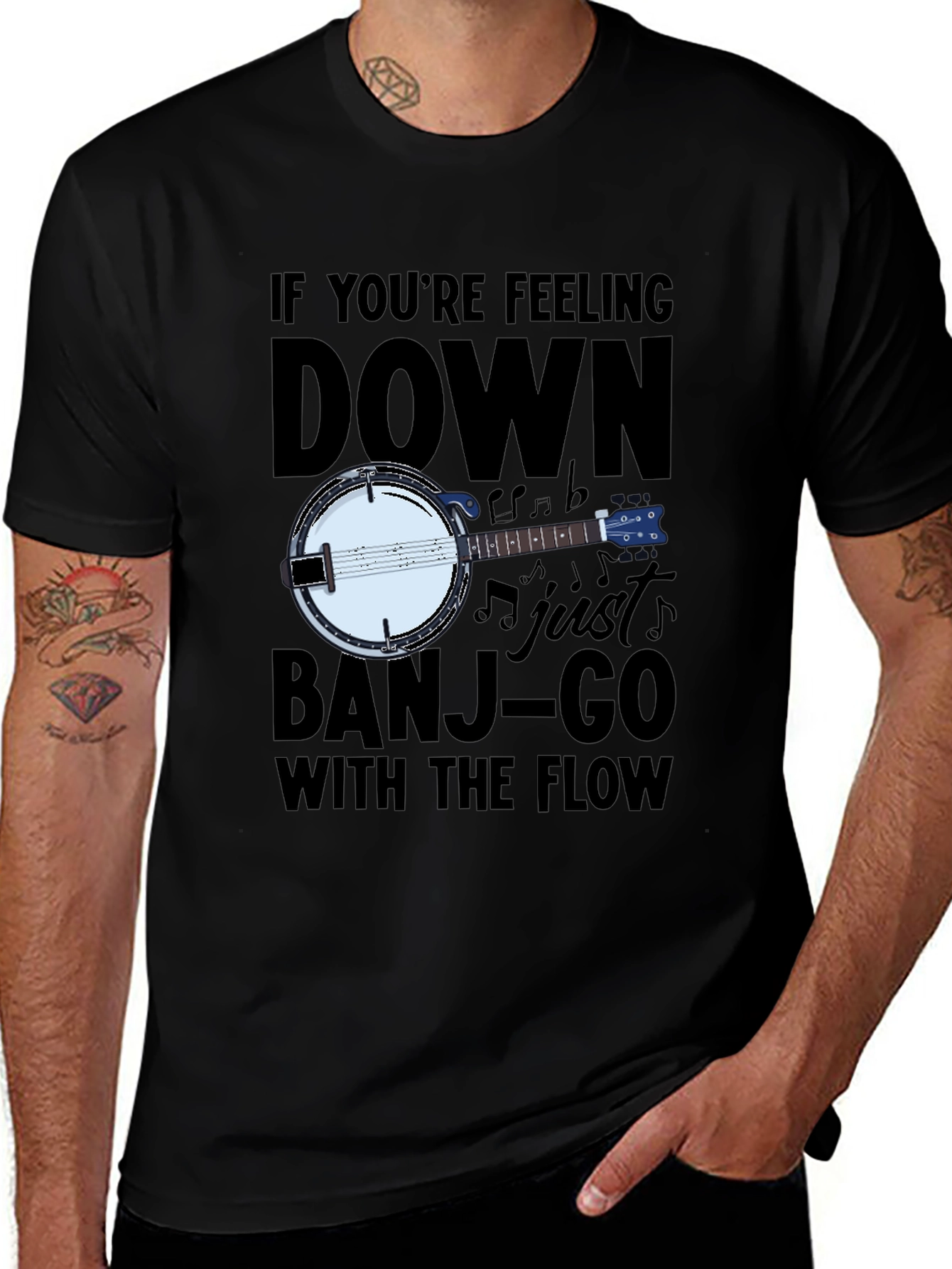 Black Banjo Music T-Shirt - "Banjo-Go With The Flow" main image