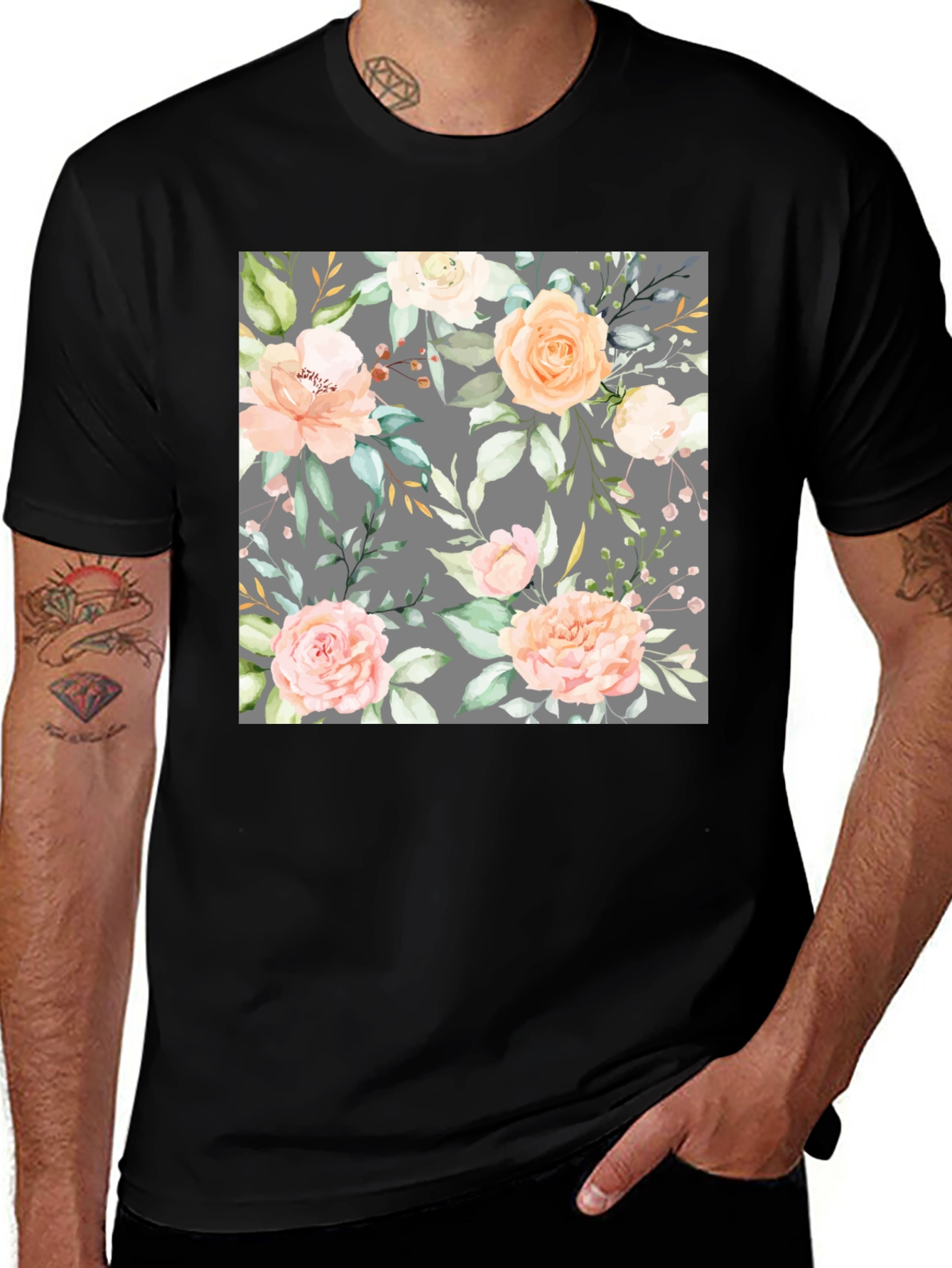 Variant 19 of Floral Print Black T-Shirt