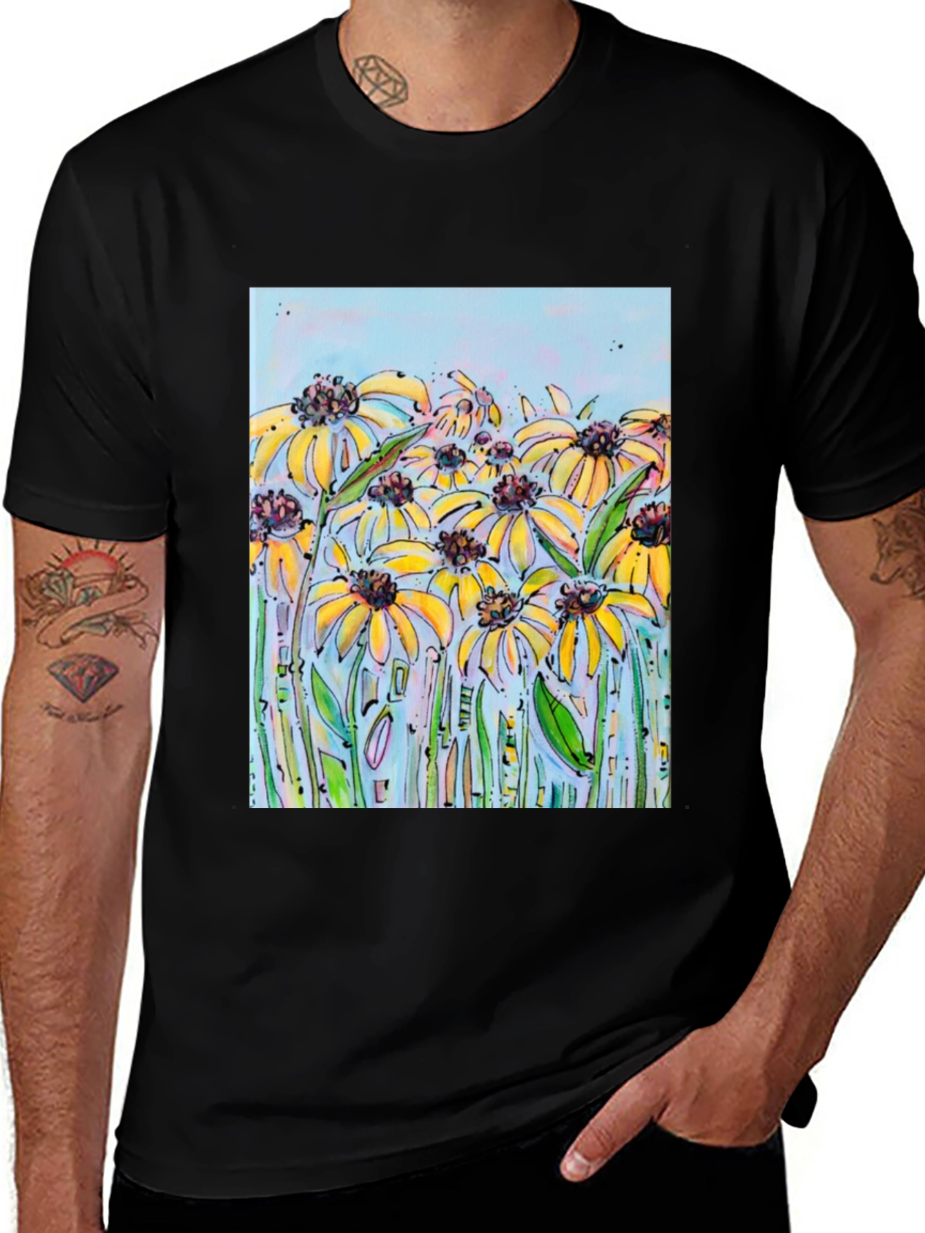 Variant 10 of Black T-Shirt with Floral Meadow Design