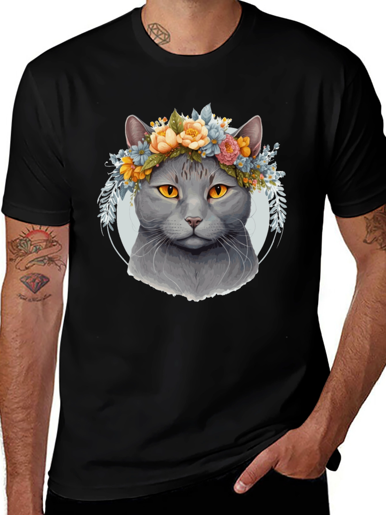 Variant 23 of Cat with Floral Crown Black T-Shirt