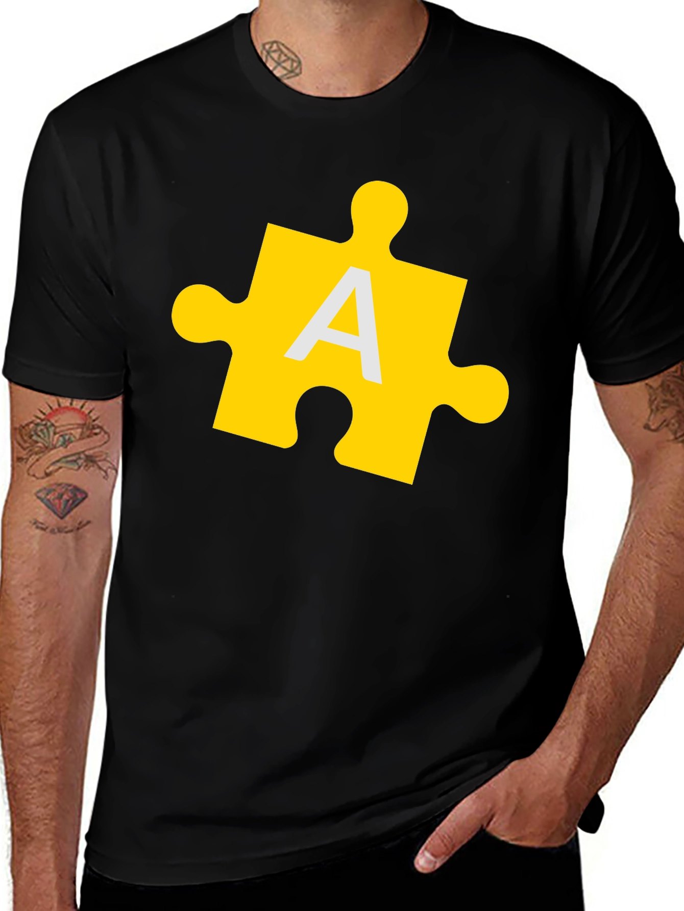 Puzzle Piece 'A' Graphic Tee - Black Cotton T-Shirt