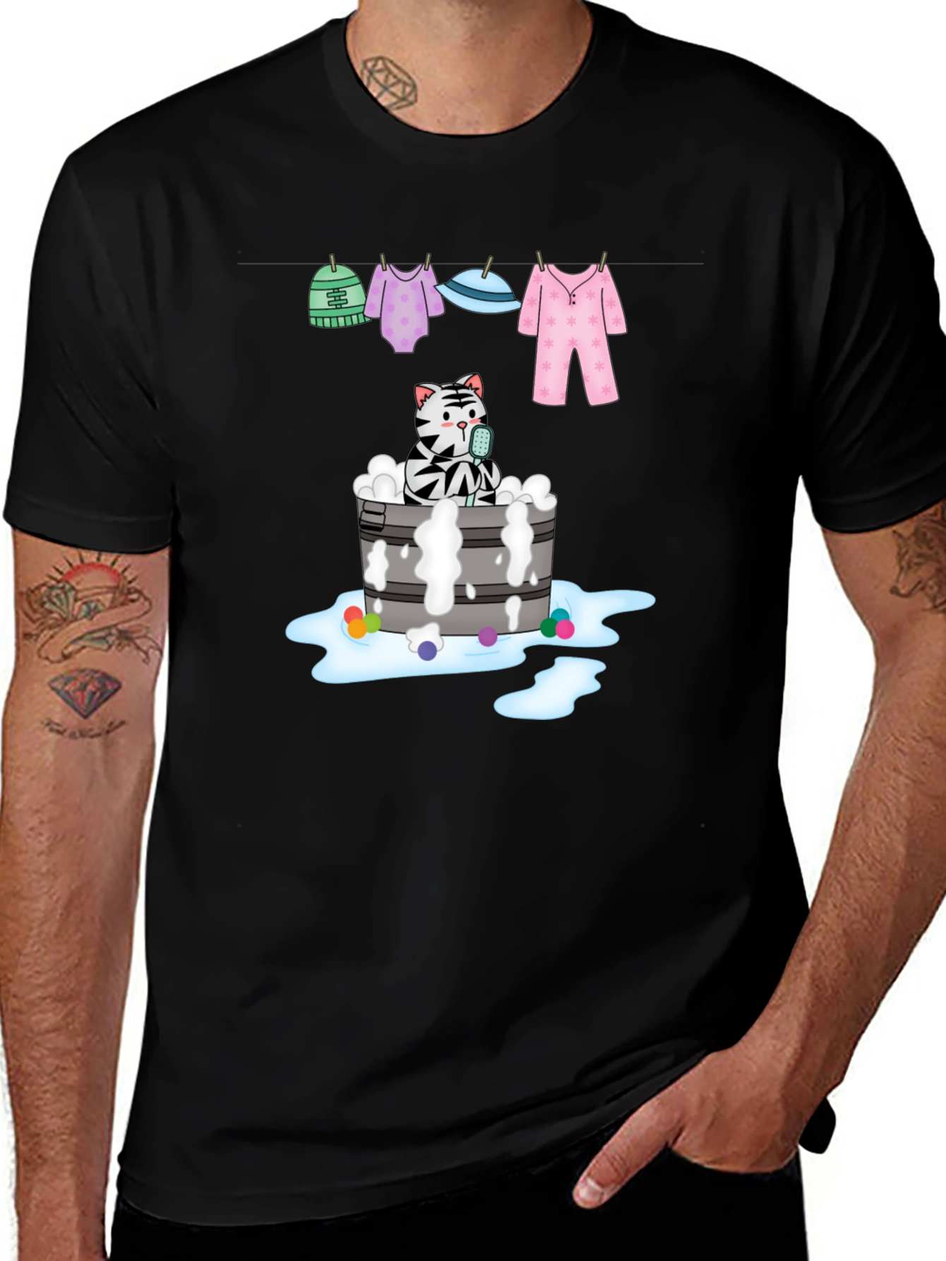 Variant 14 of Cat Bubble Bath Graphic Tee - Unisex Black T-Shirt