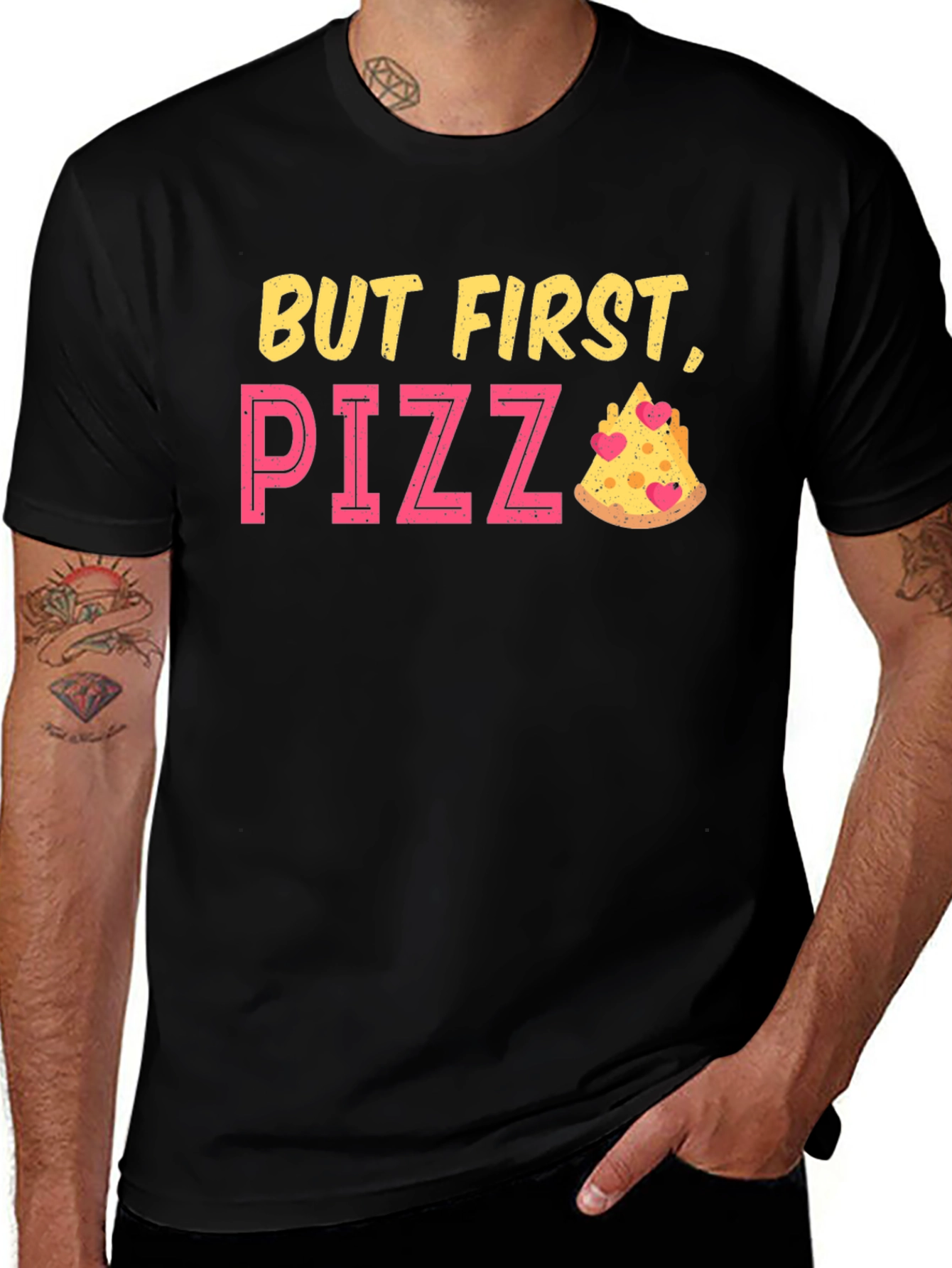 Black But First Pizza Funny Graphic T-Shirt main image