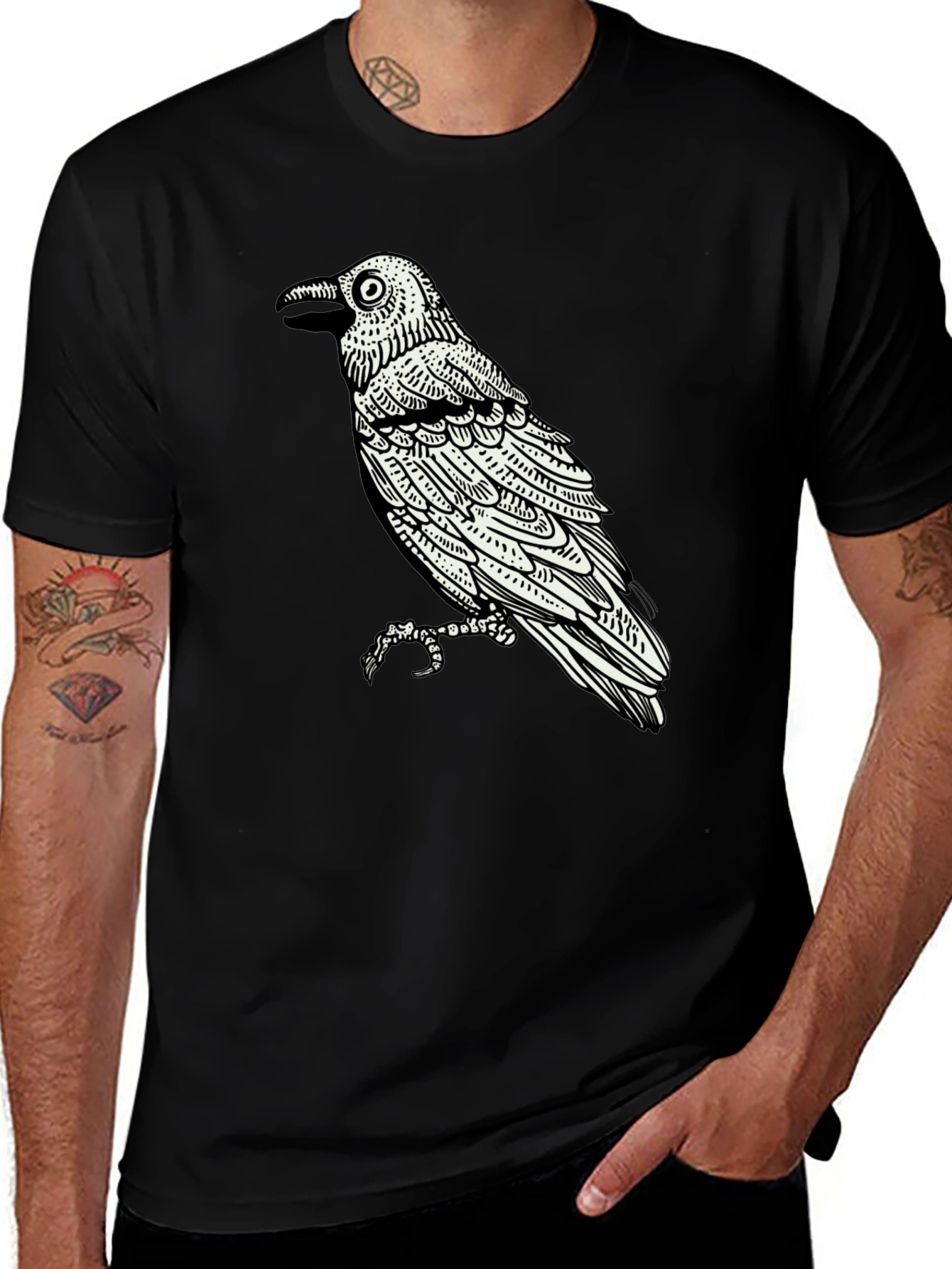Variant 22 of Raven Graphic Tee - Black Cotton Bird Print Shirt