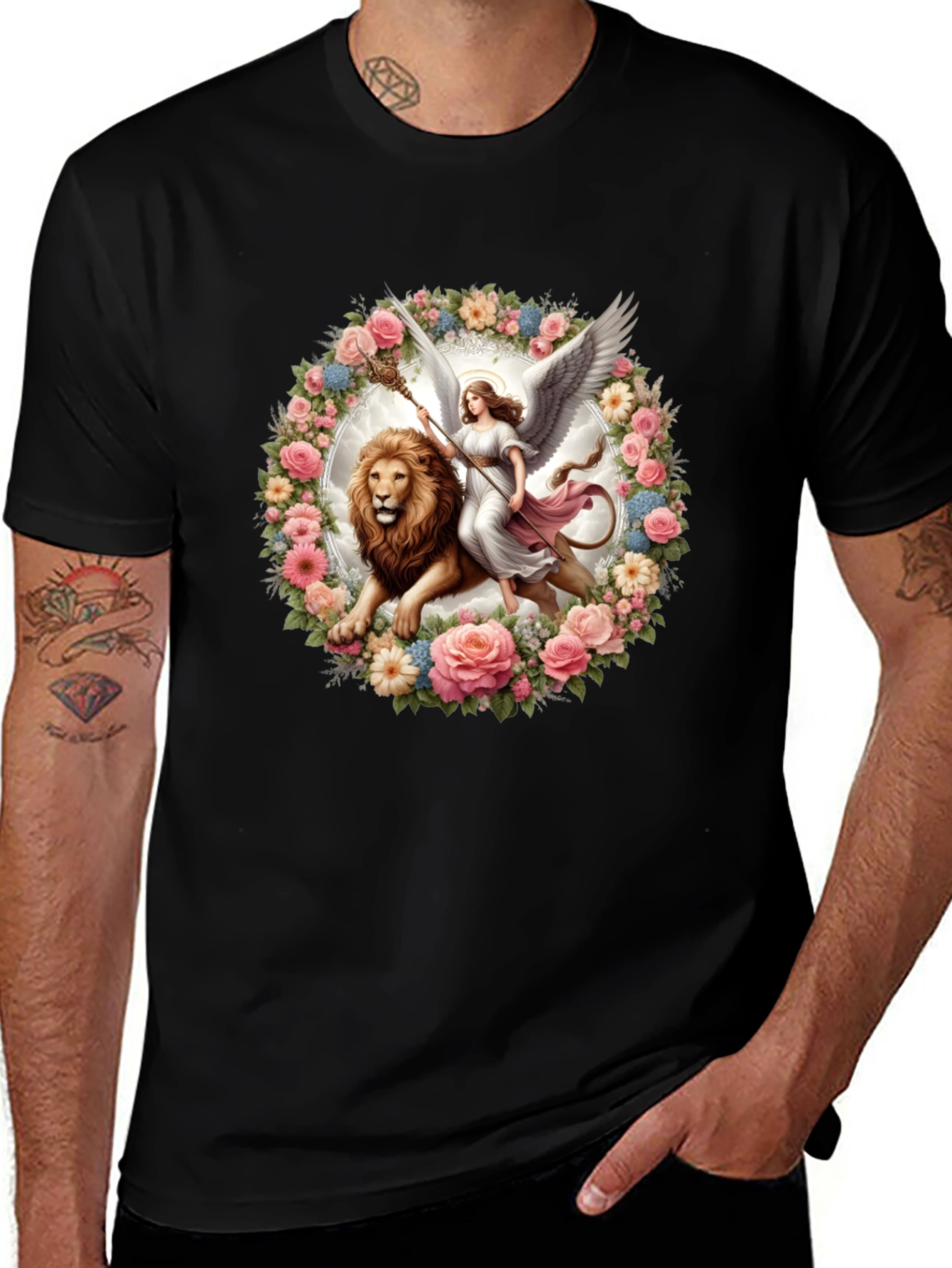 Variant 16 of Angel & Lion Graphic Tee - Floral Wreath Design