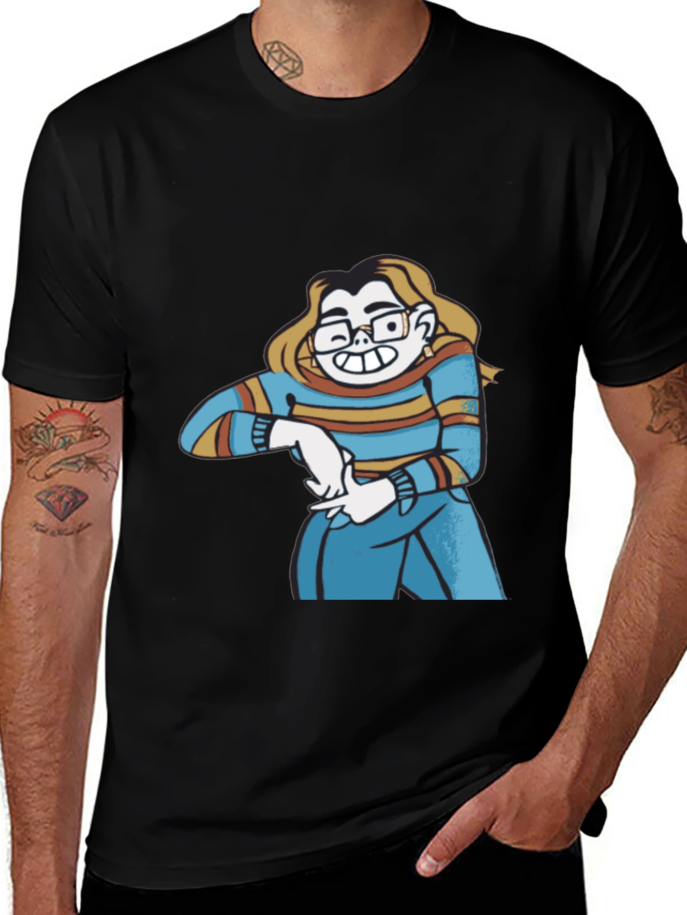 Variant 21 of Cartoon Character Graphic Tee - Men's Black T-Shirt