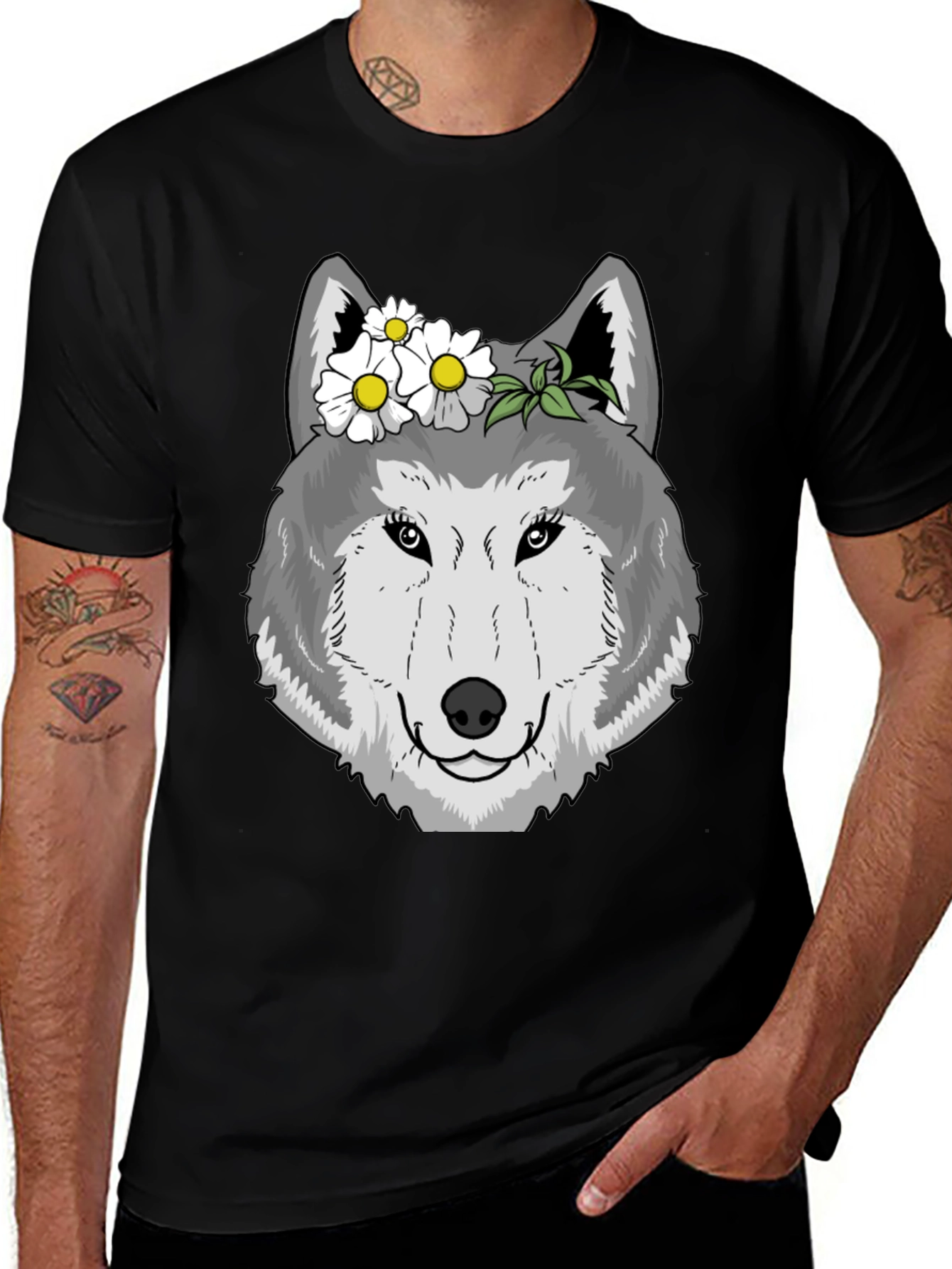 Variant 2 of Wolf with Flowers Graphic Tee - Black