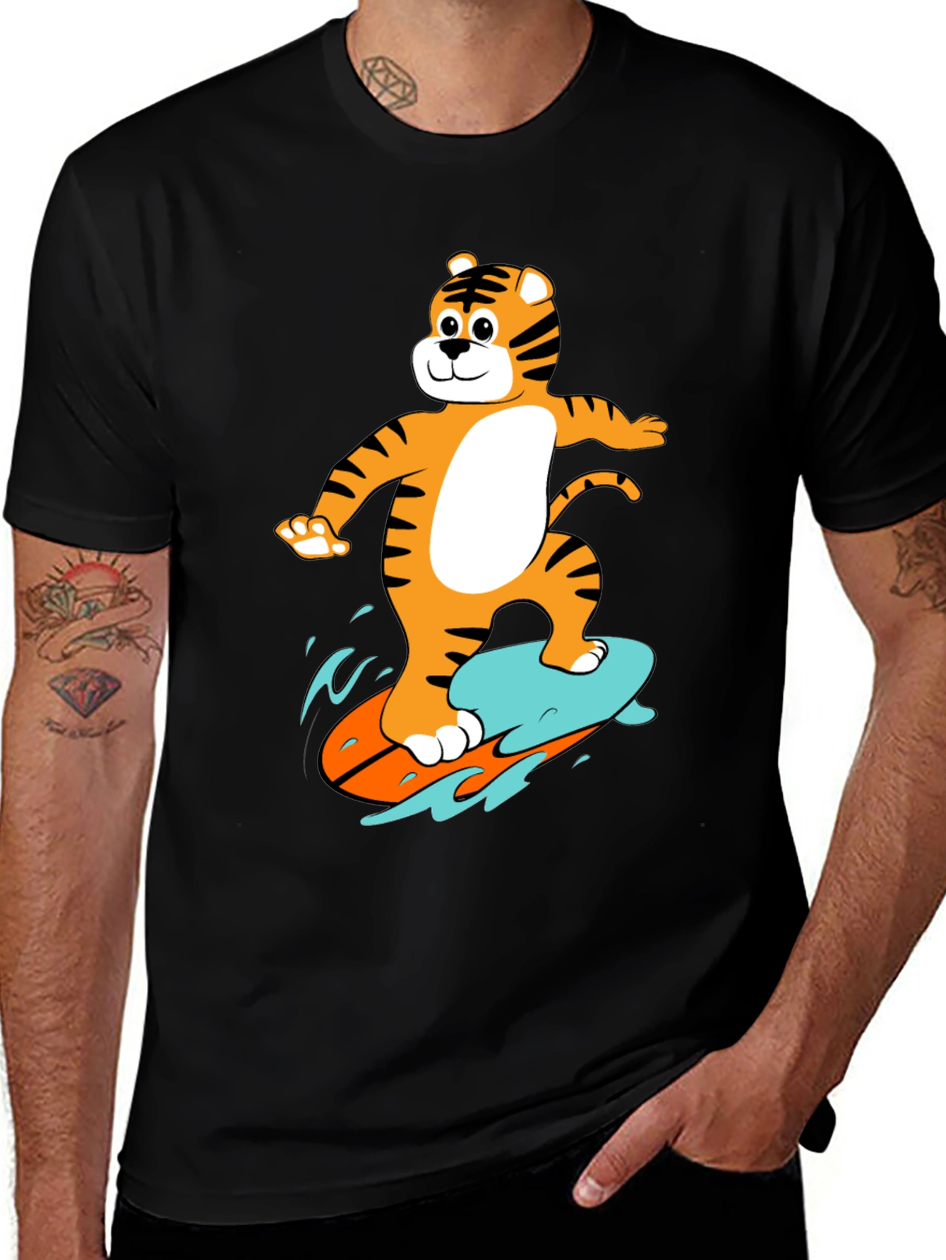 Variant 2 of Tiger Surfing Graphic Tee - Black Cotton T-Shirt