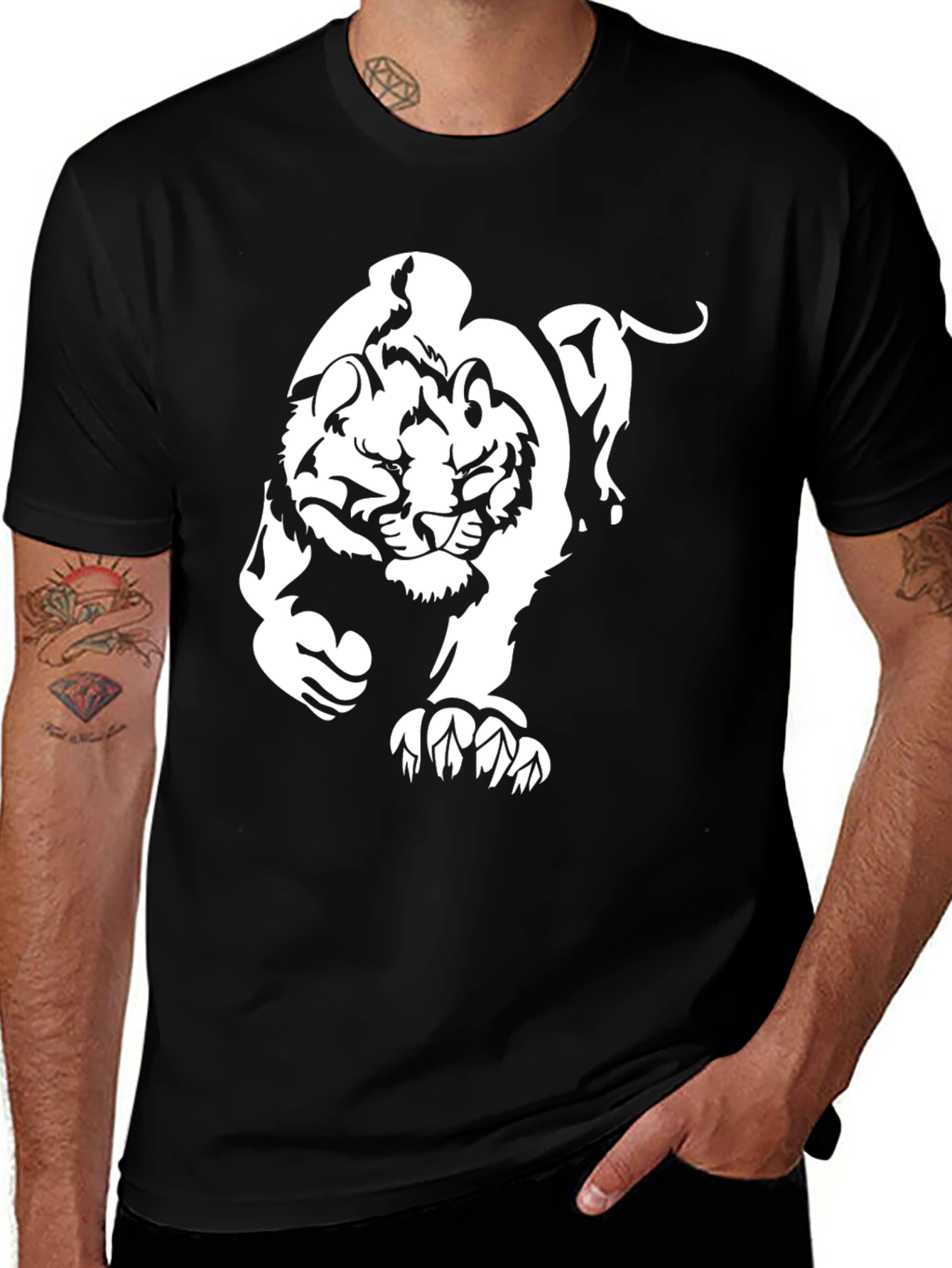 Variant 29 of Black T-Shirt with Bold White Tiger Graphic
