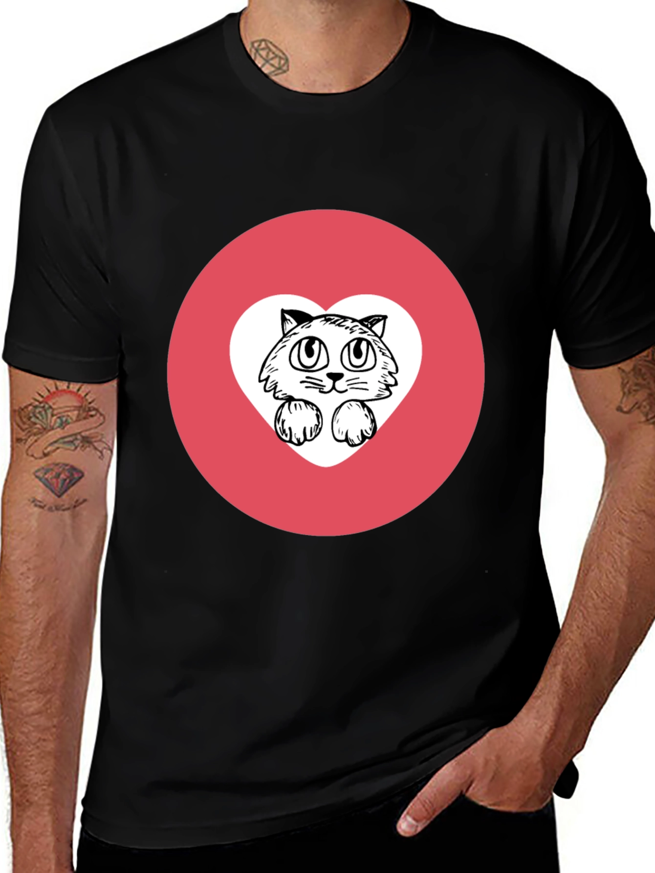 Variant 20 of Cute Cat Heart Graphic Tee - Black Cotton Comfort