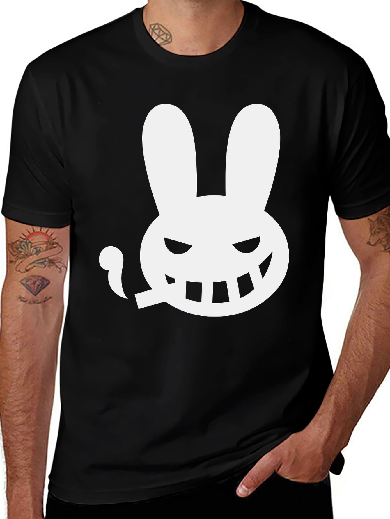 Variant 24 of Men's Black T-Shirt - Smoking Rabbit Graphic Tee