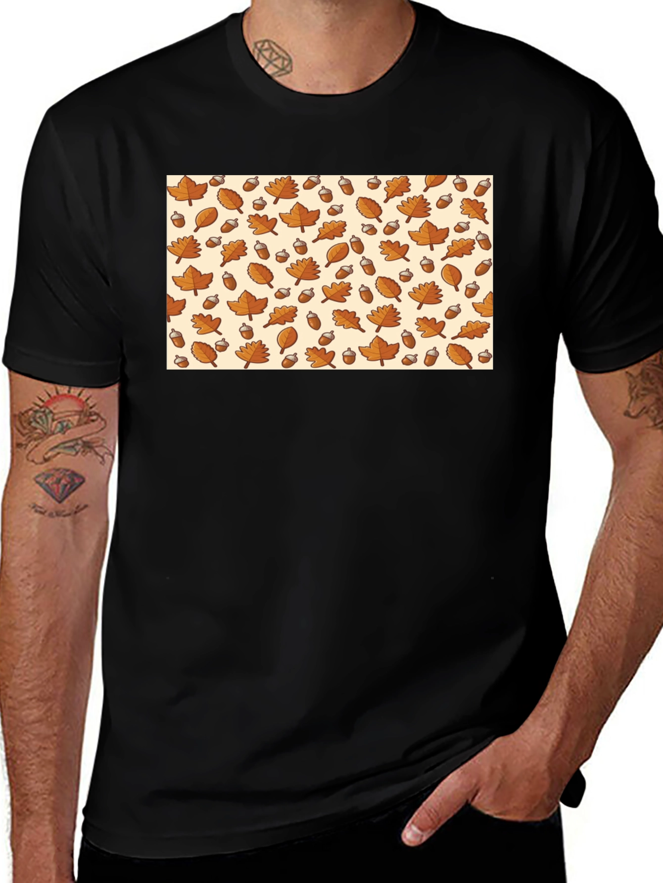 Variant 9 of Fall Leaves & Acorns Print Black T-Shirt