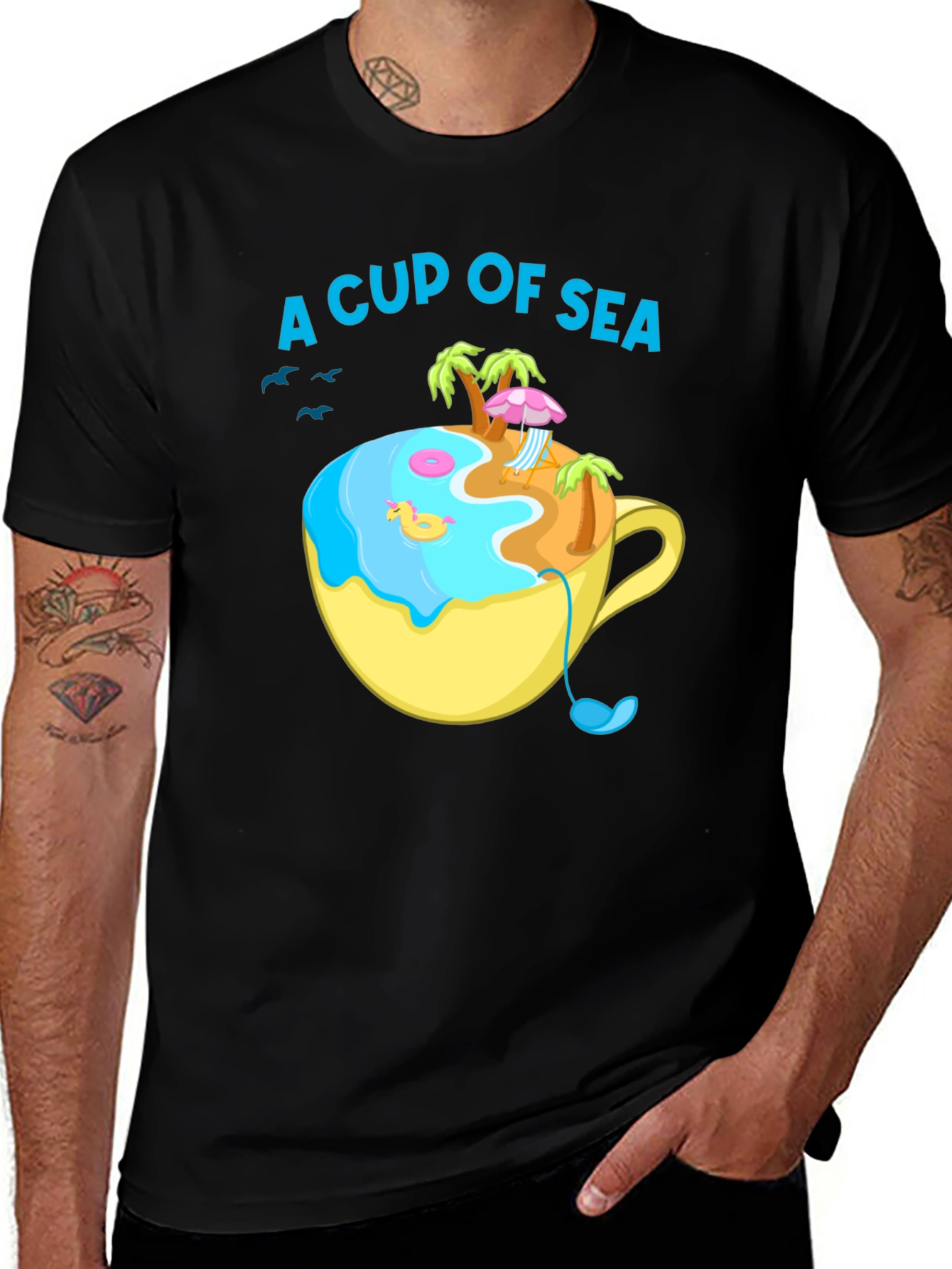 A Cup of Sea T-Shirt, Black Cotton Tee, Island Beach Design