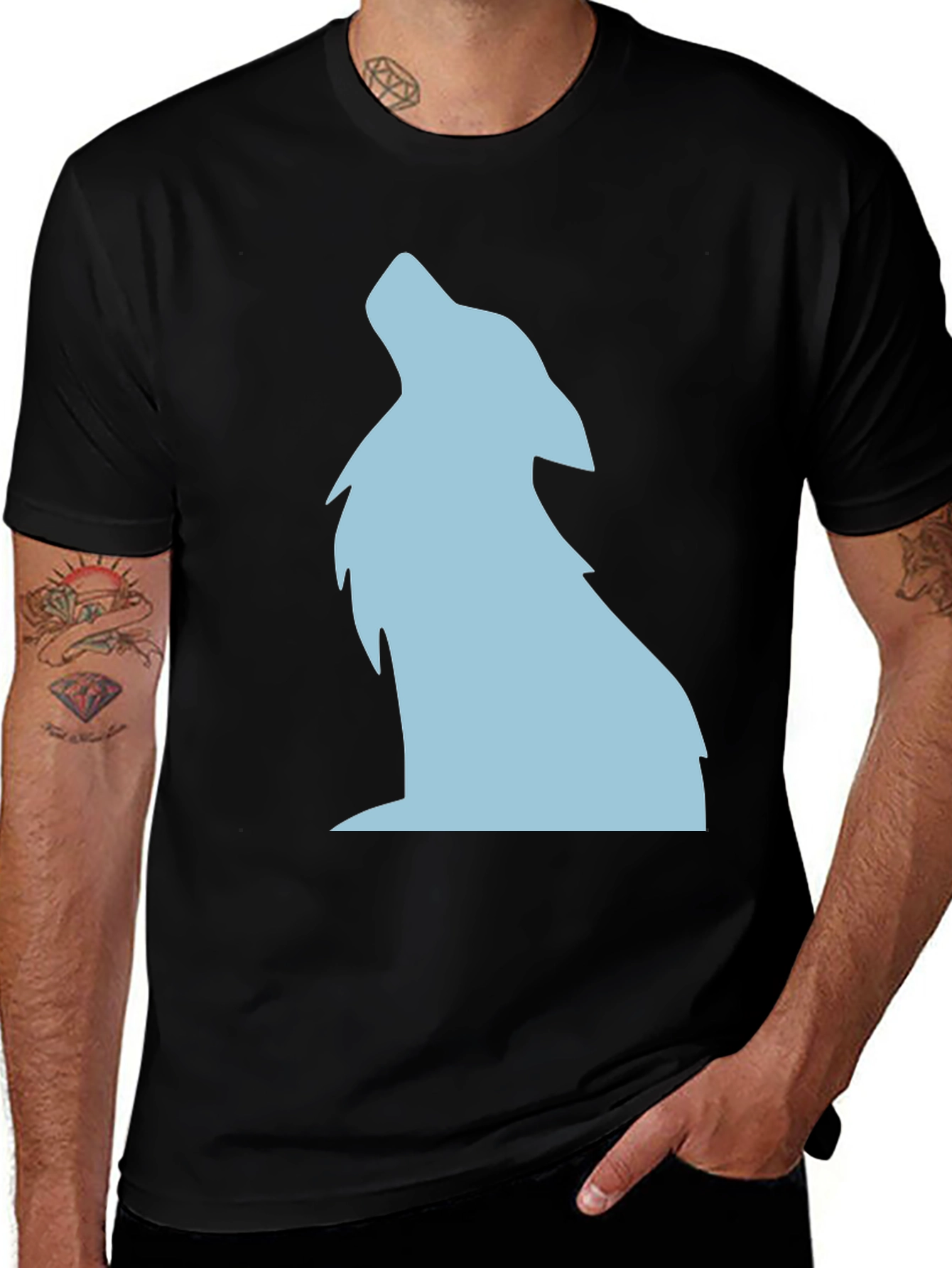 Black T-Shirt with Light Blue Wolf Silhouette