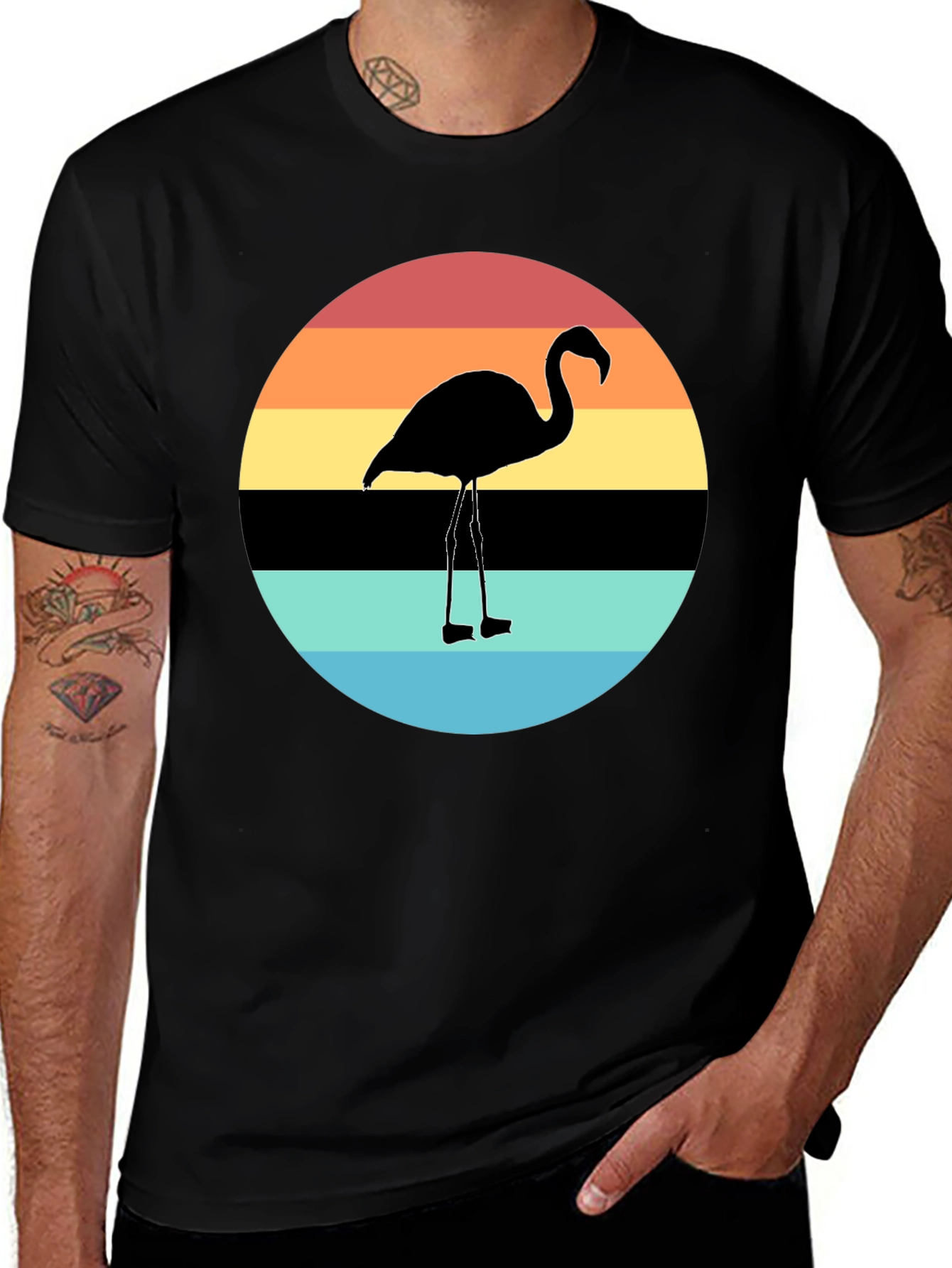 Variant 19 of Retro Flamingo Sunset Graphic Tee - Black Cotton Blend