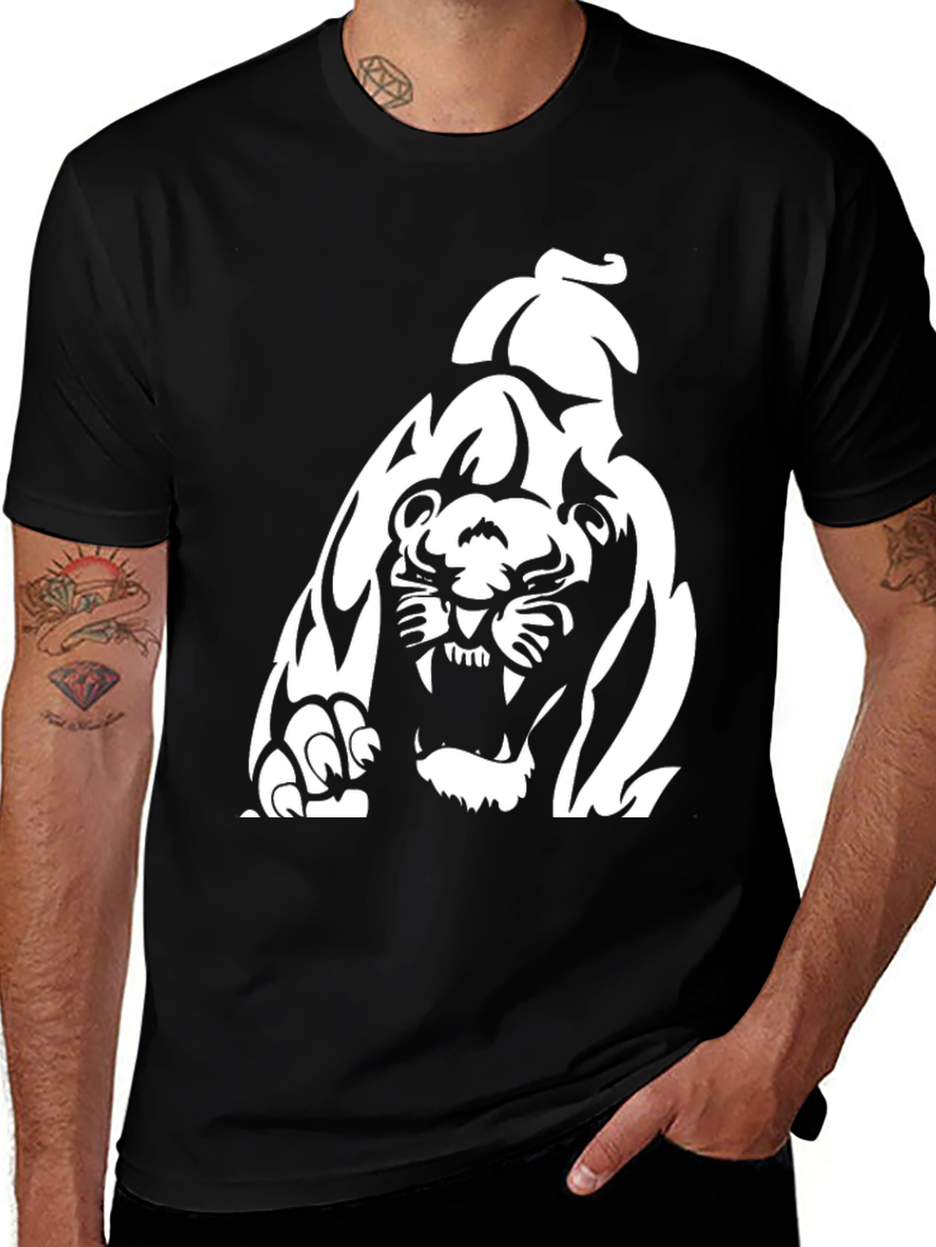 Variant 26 of Black T-Shirt with White Tribal Tiger Design