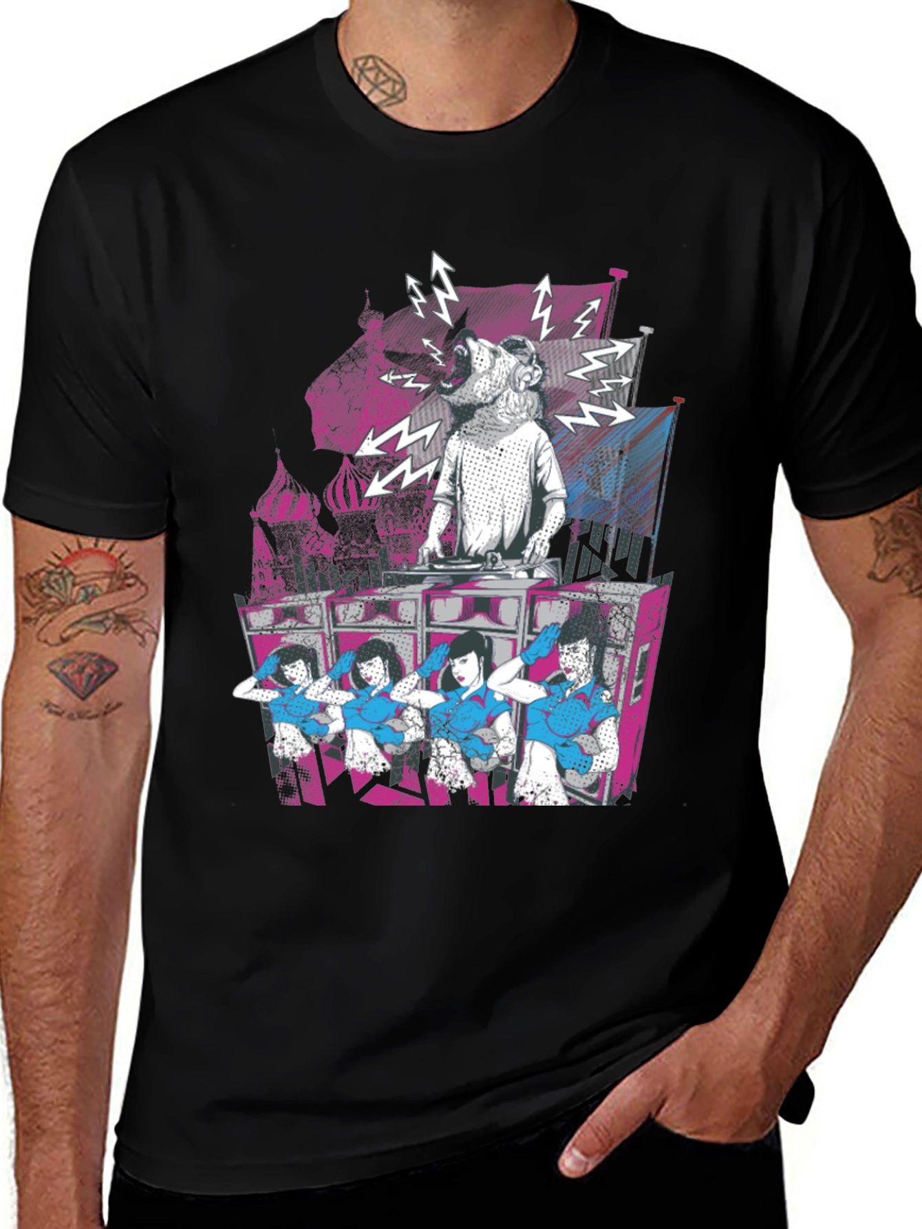 Black DJ Dog & Dancing Girls Graphic T-Shirt main image