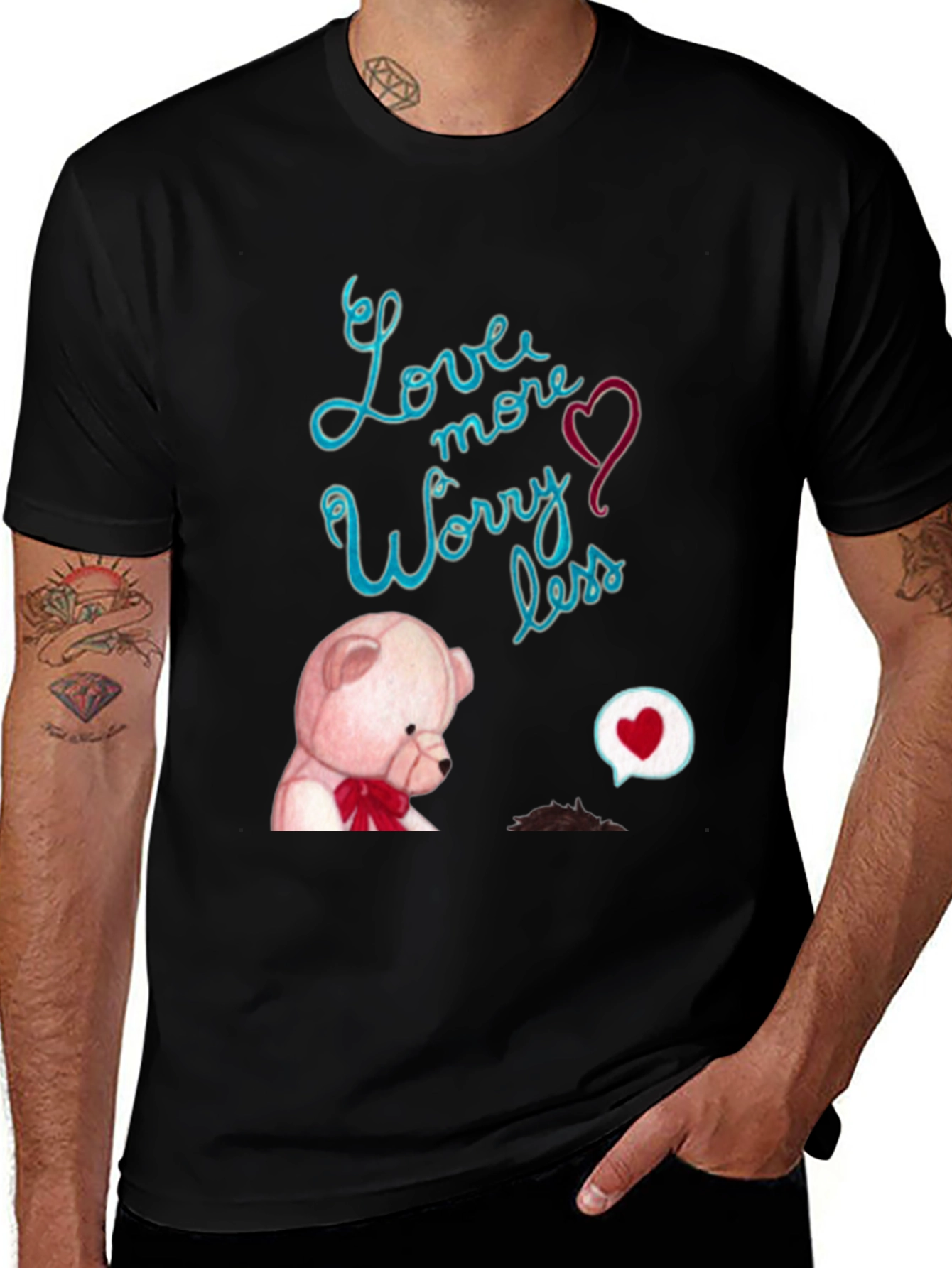Variant 8 of Love More Worry Less Bear Graphic Tee - Black