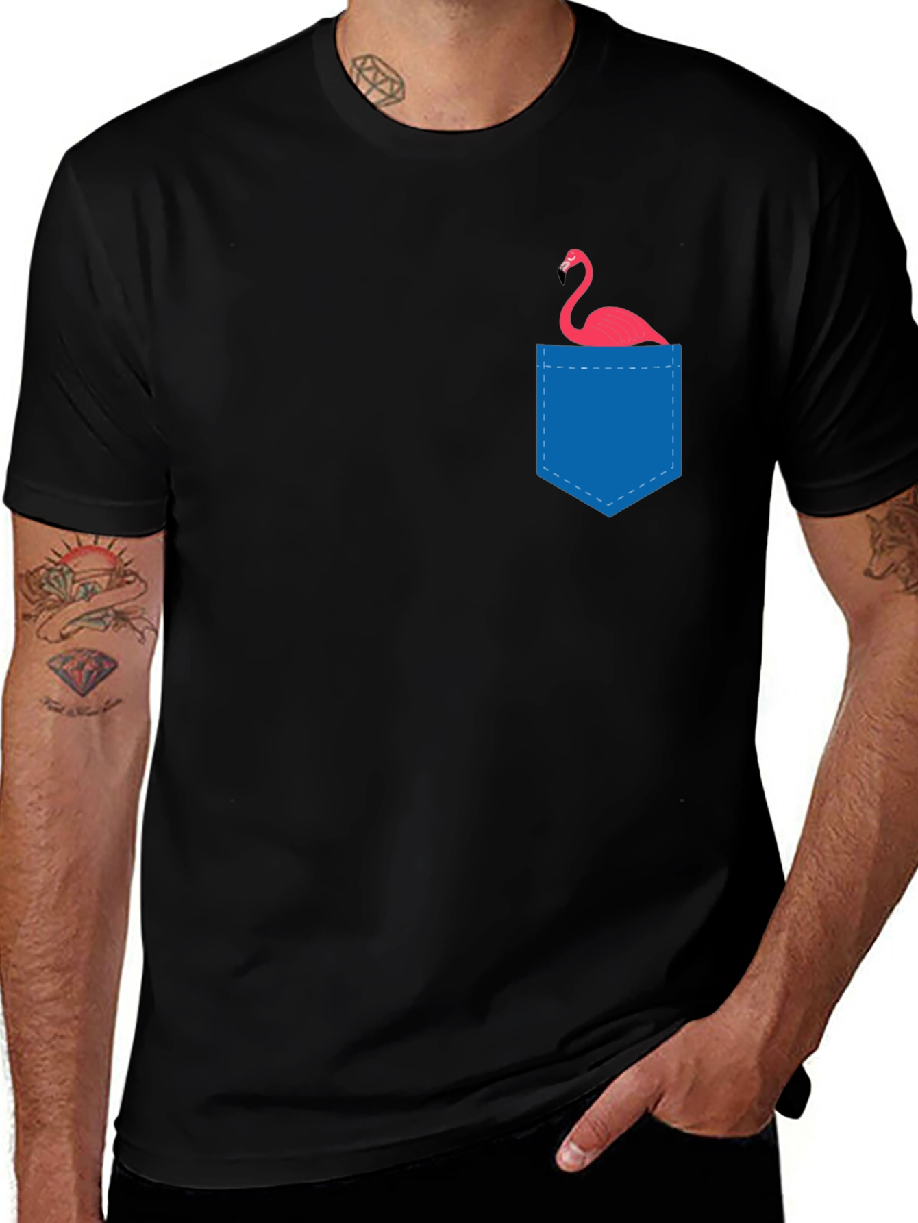 Variant 16 of Men's Black T-Shirt with Flamingo Pocket