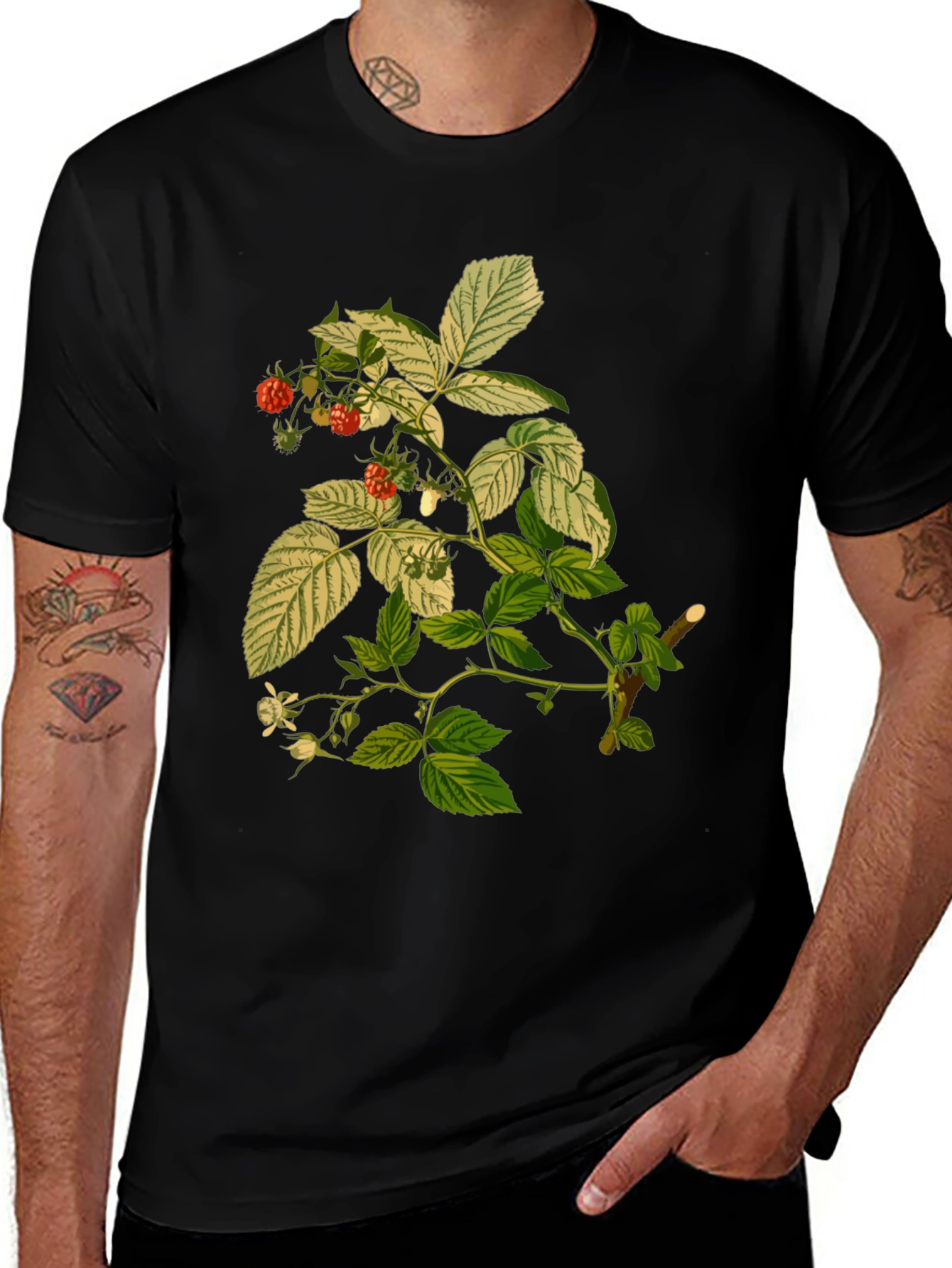 Variant 2 of Raspberry Plant Print Black T-Shirt
