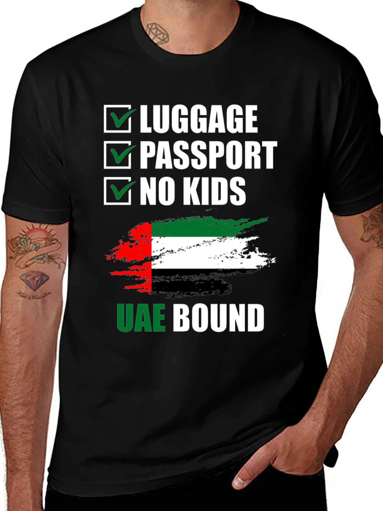 UAE Bound T-Shirt: Luggage, Passport, No Kids Checklist