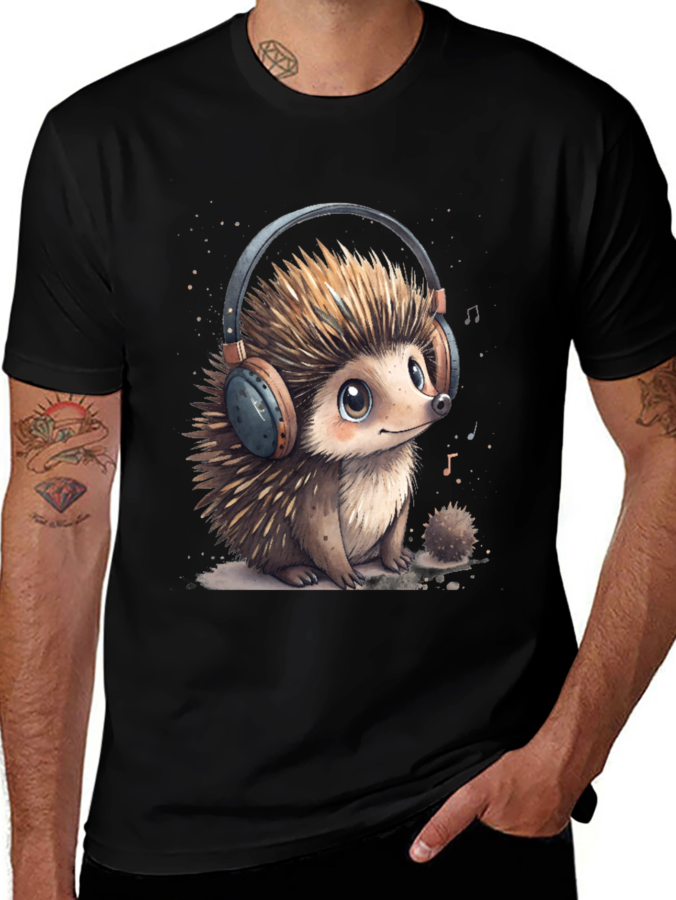 Variant 26 of Cute Hedgehog Music Lover Black T-Shirt