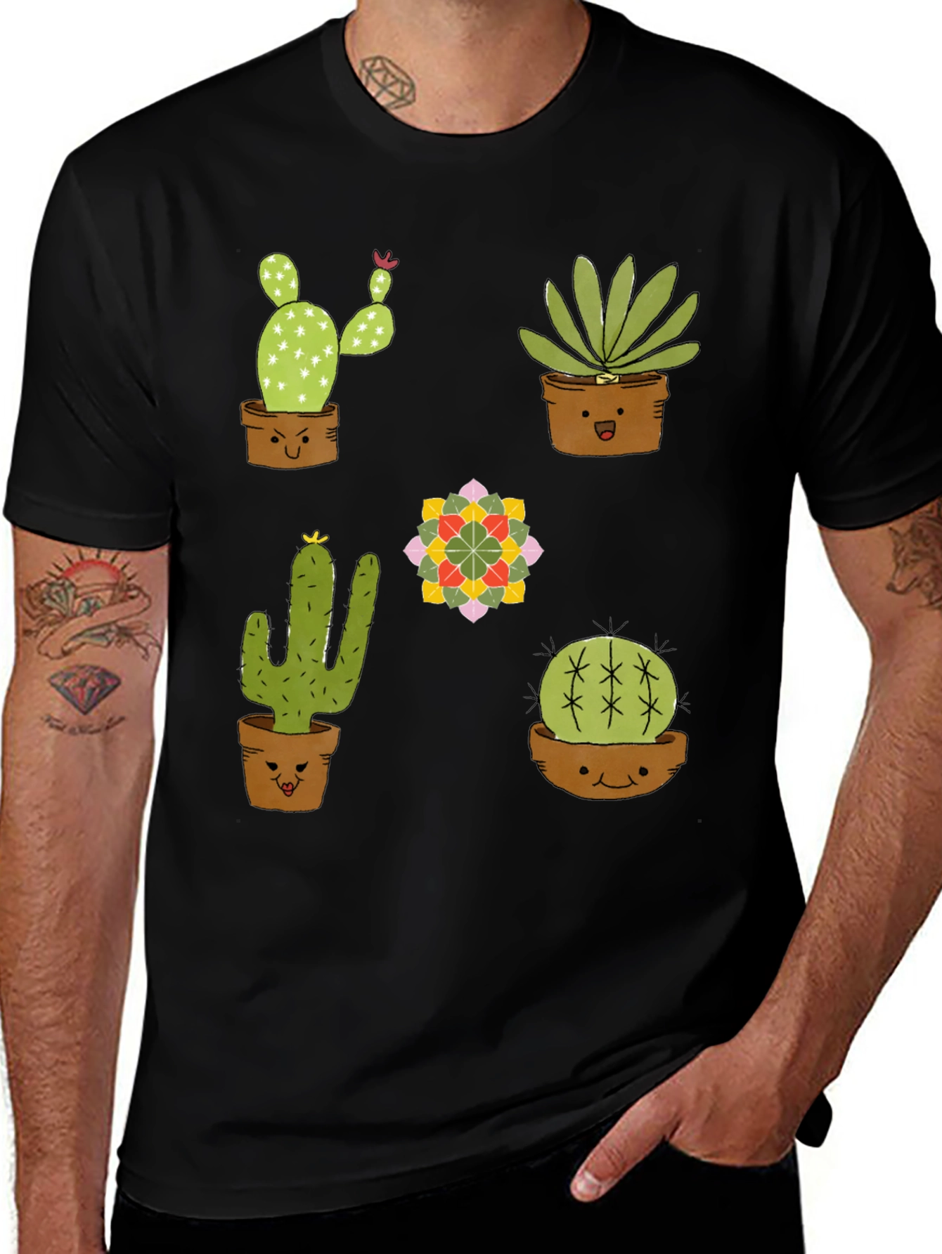 Variant 17 of Cartoon Cactus Print Black T-Shirt