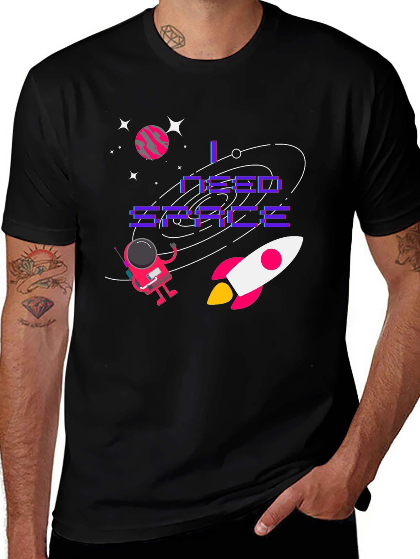 Variant 27 of I Need Space Black Graphic Tee - Astronaut & Rocket Design