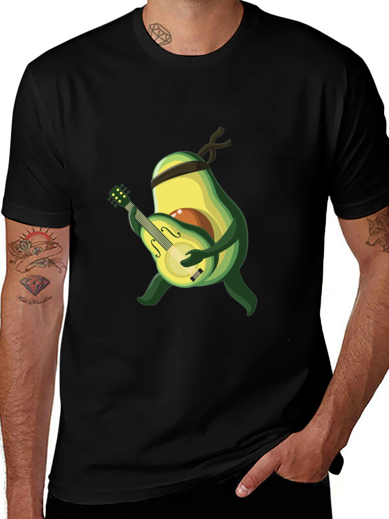 Variant 25 of Avocado Guitarist Graphic T-Shirt - Black Cotton Tee
