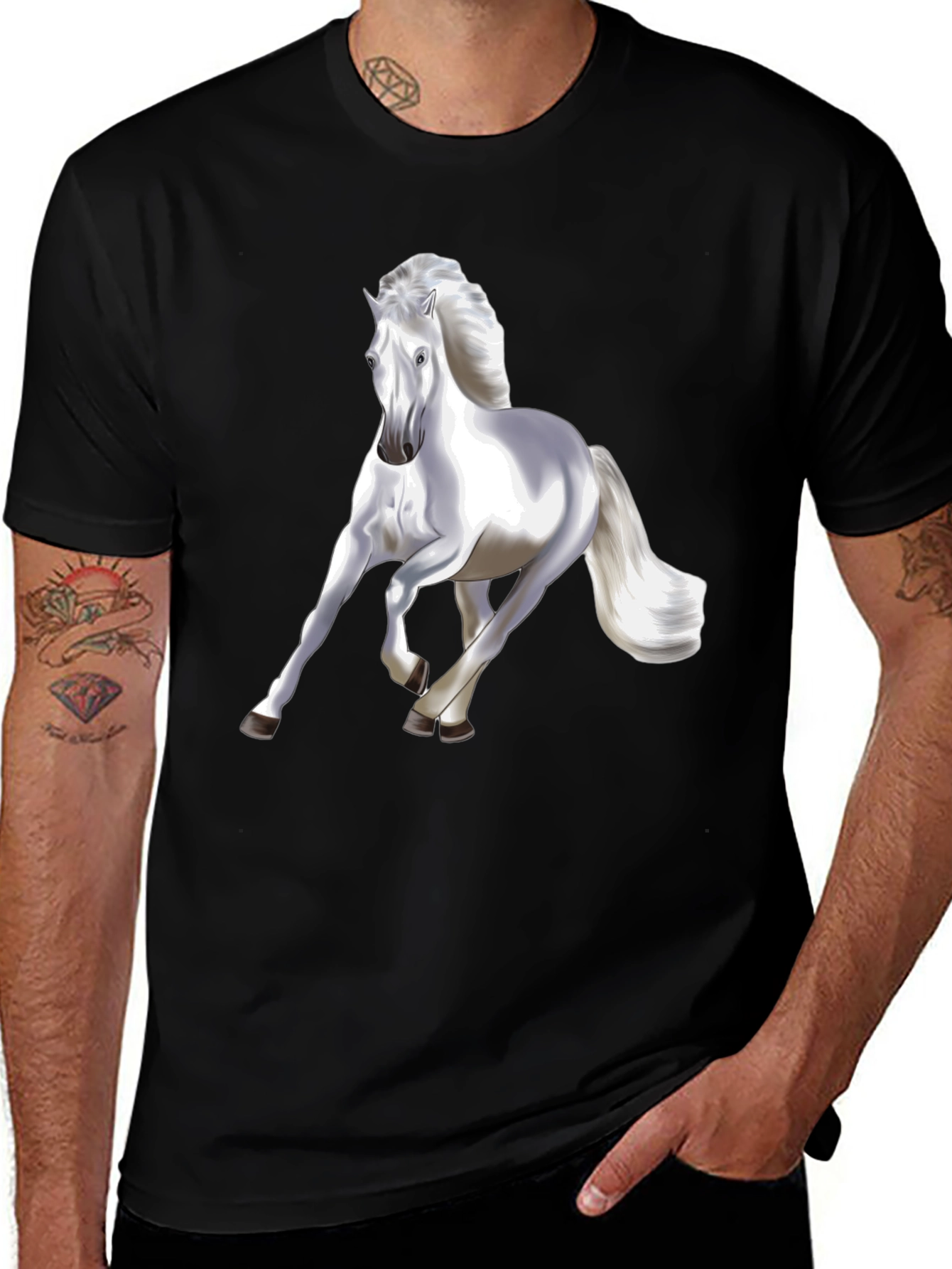 Variant 25 of Majestic White Horse Graphic T-Shirt - Black