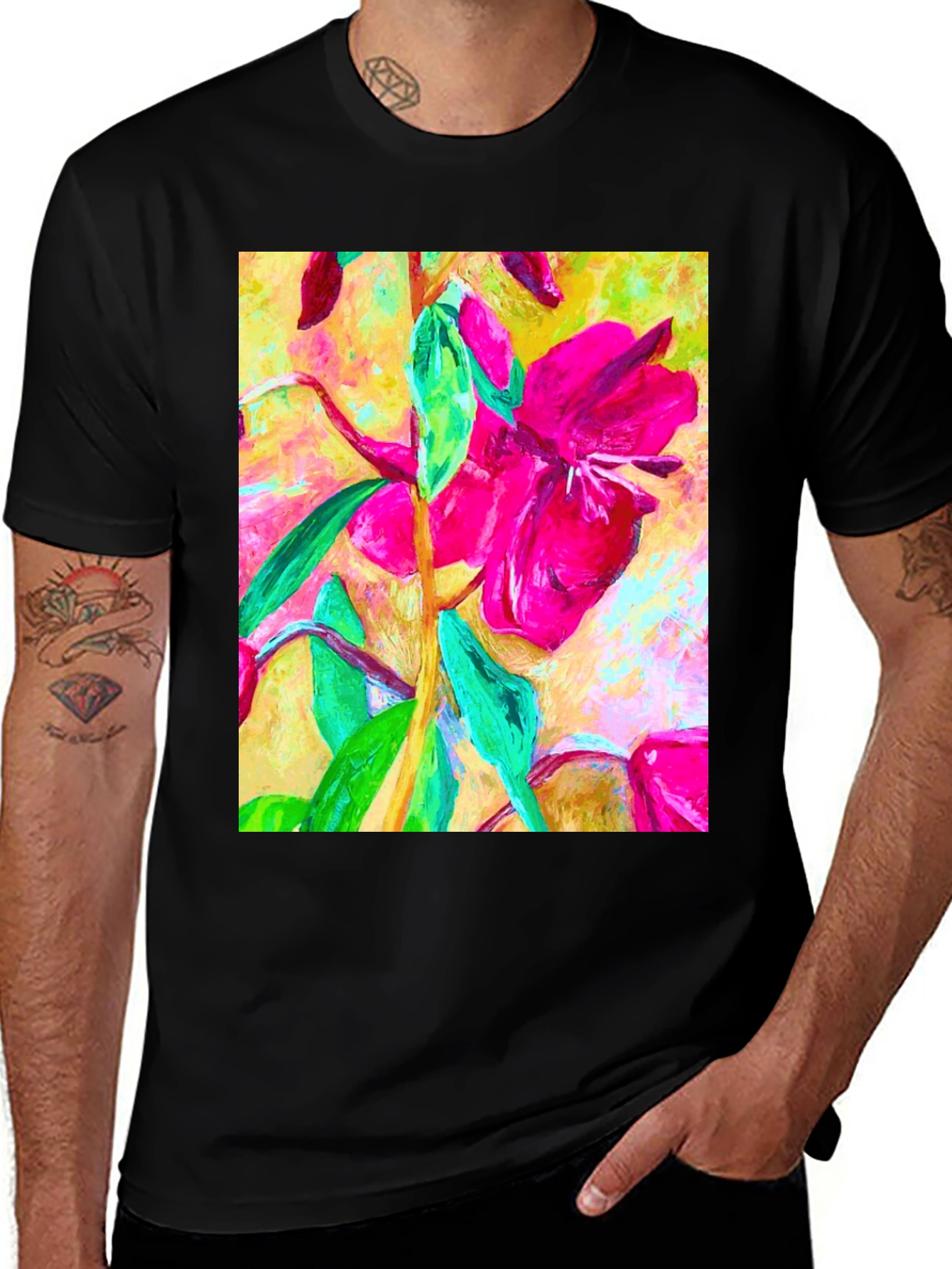Variant 12 of Floral Print Black T-Shirt - Vivid Flower Design