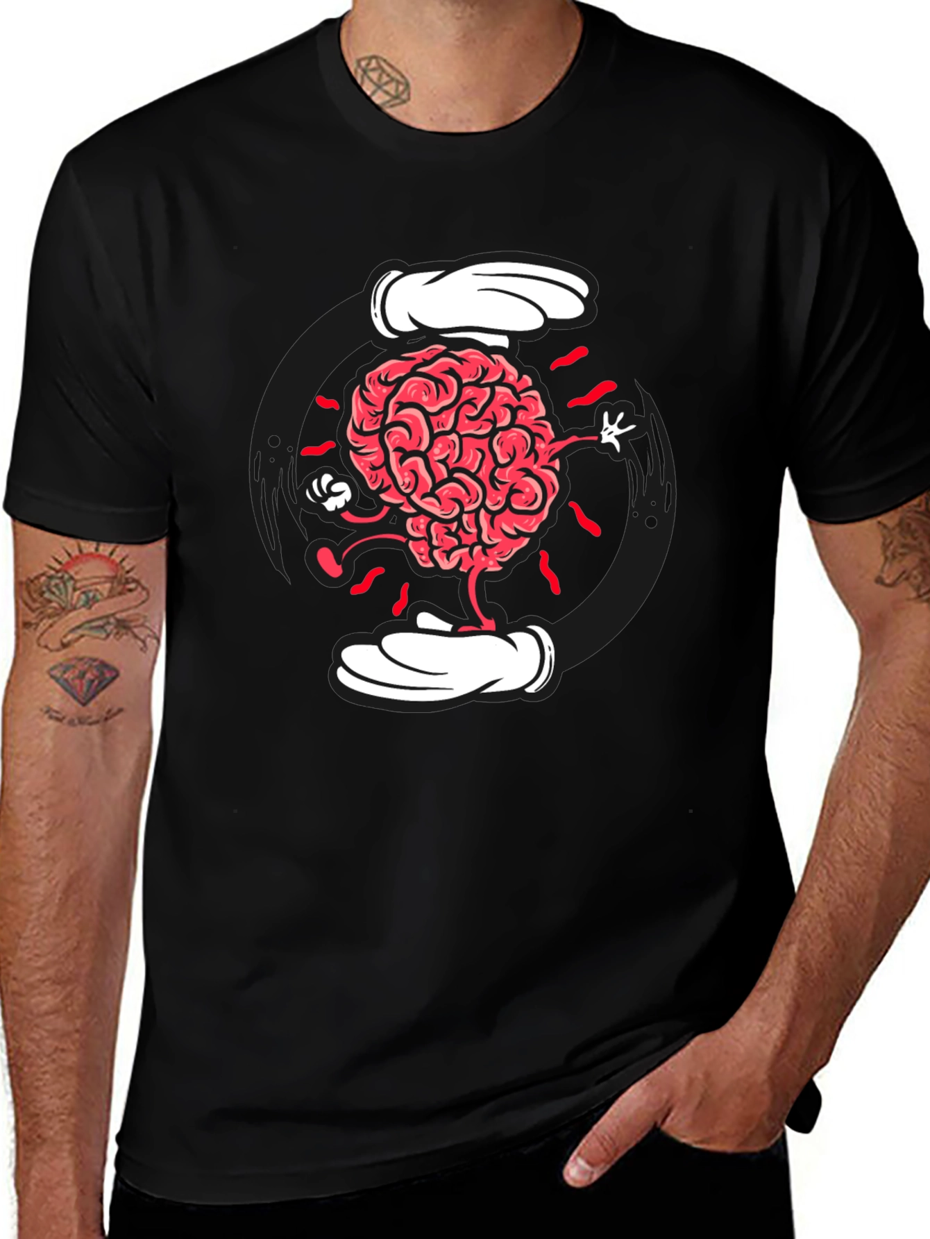 Variant 5 of Cartoon Brain Graphic Tee - Black Cotton Blend