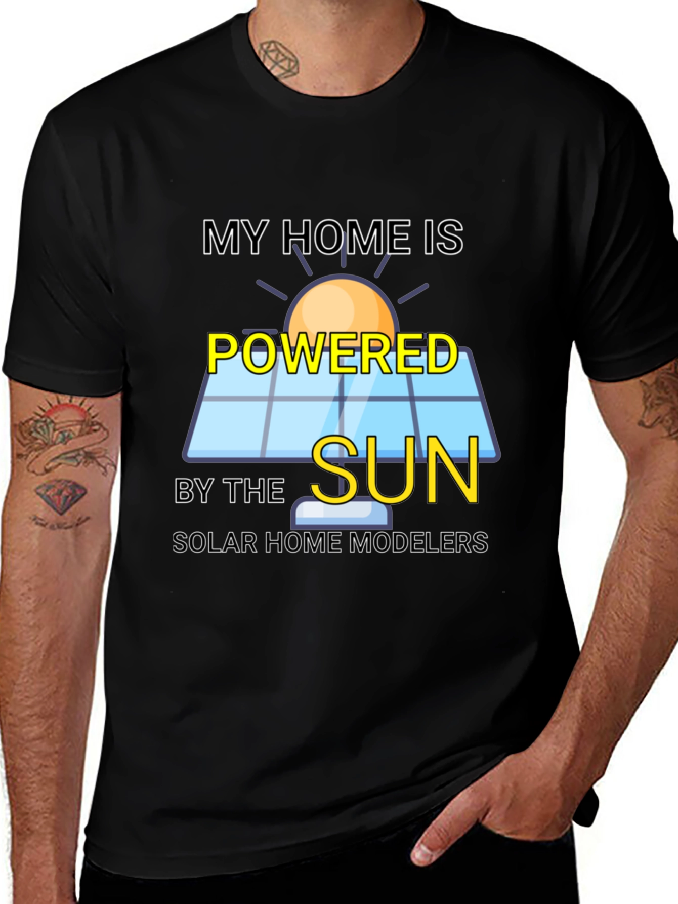 Variant 2 of Powered by the Sun Solar Home Modelers Black T-Shirt