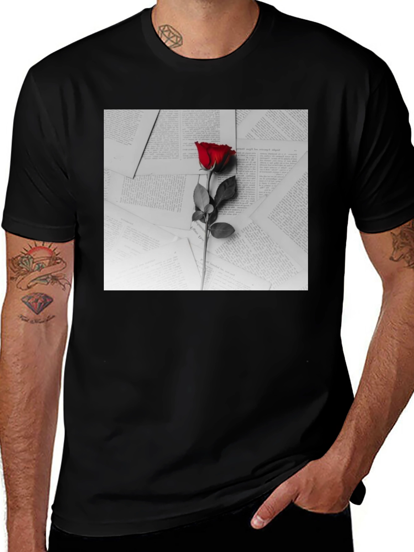 Variant 6 of Red Rose on Books Graphic Tee - Trendy Style