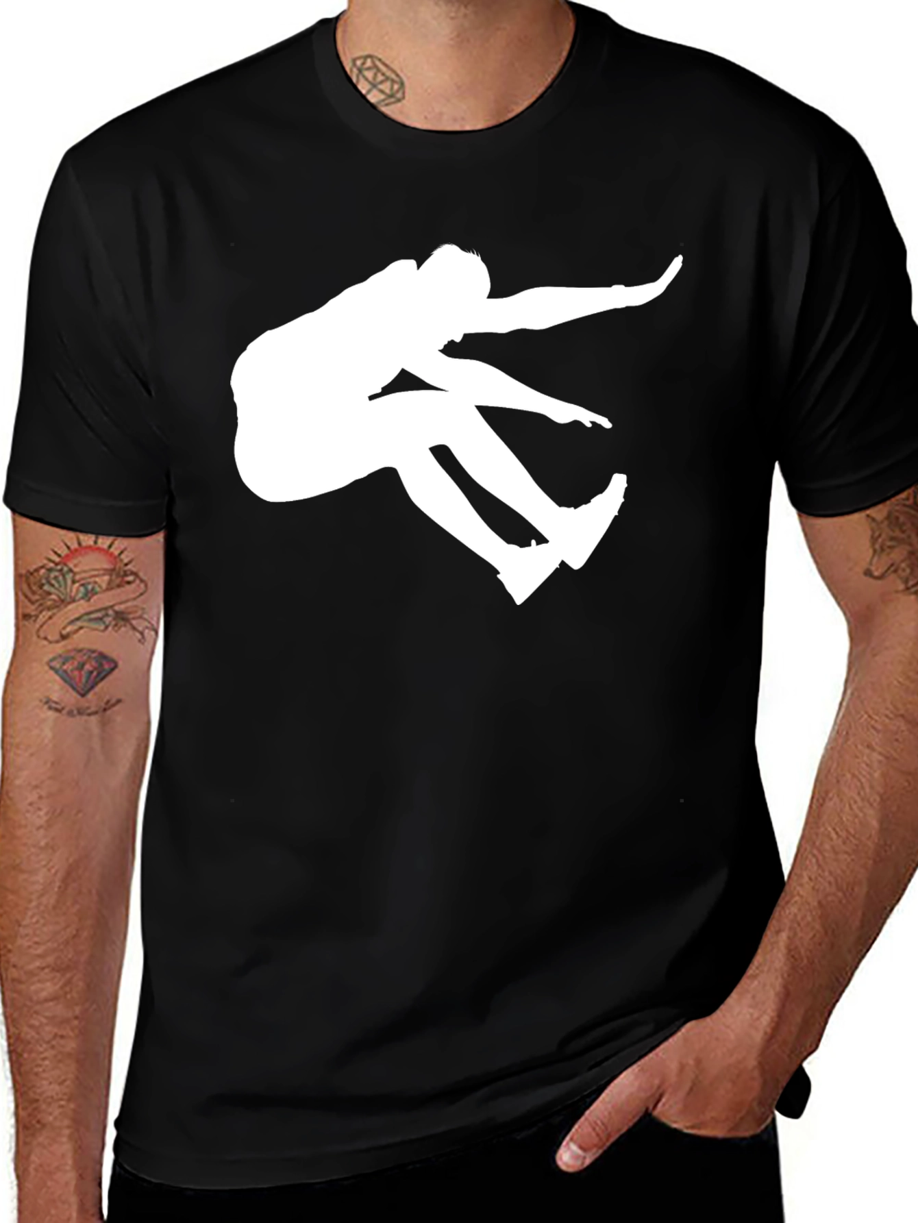 Variant 9 of Black T-Shirt with White Long Jump Silhouette