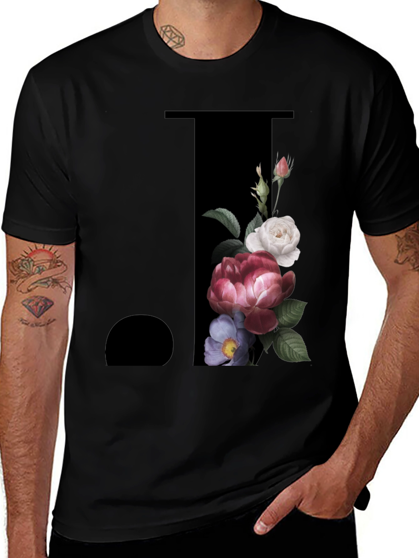 Variant 18 of Floral Initial 'J' Black T-Shirt