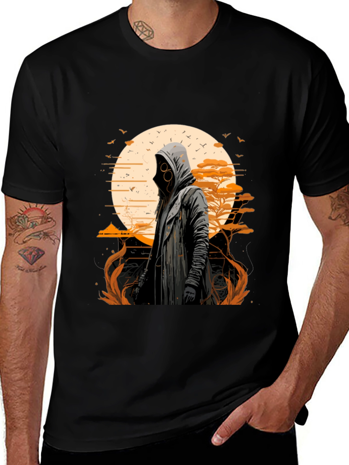 Variant 17 of Hooded Figure Graphic Print Black T-Shirt