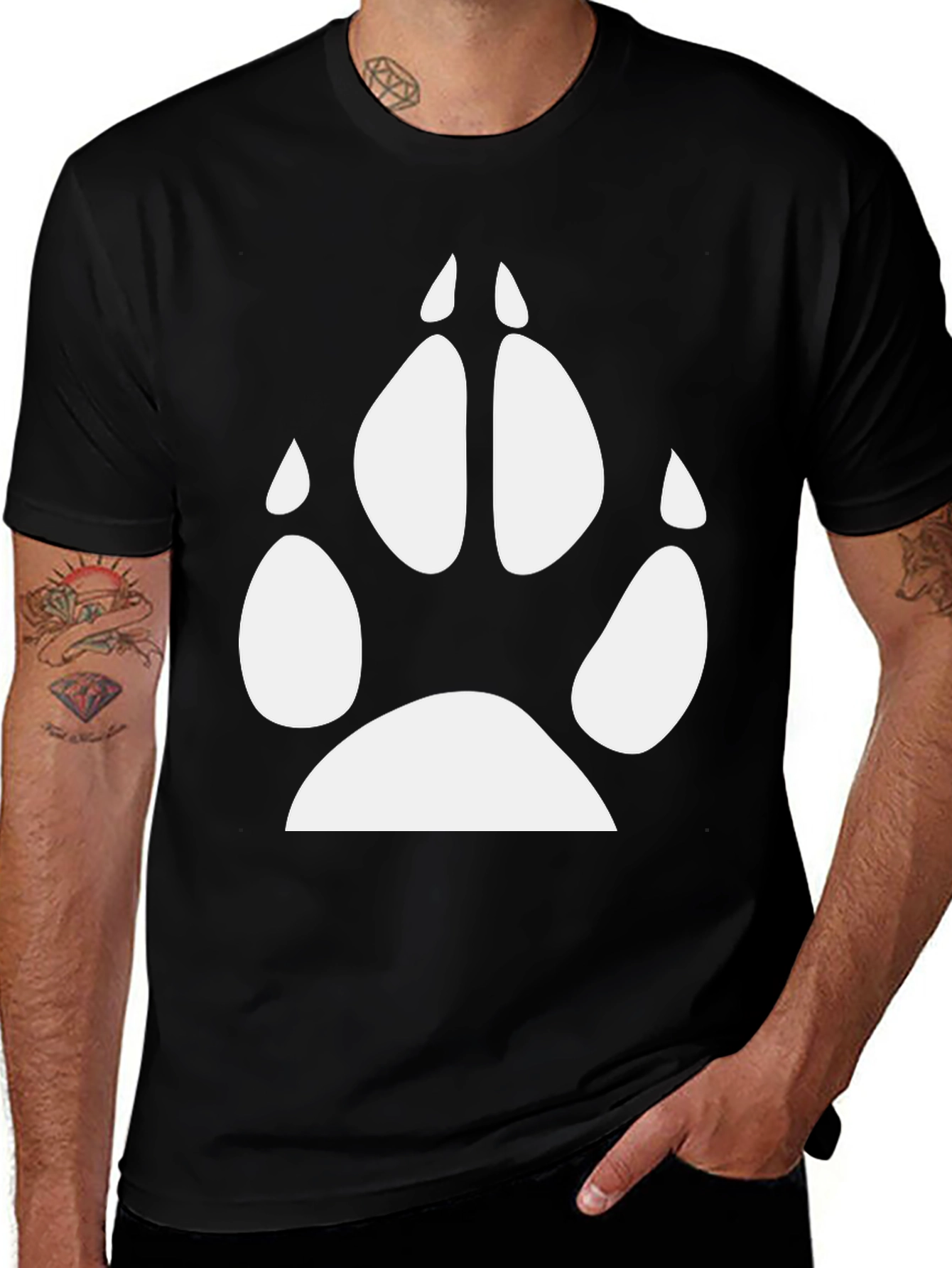 Variant 14 of Men's Black T-Shirt with White Paw Print Design