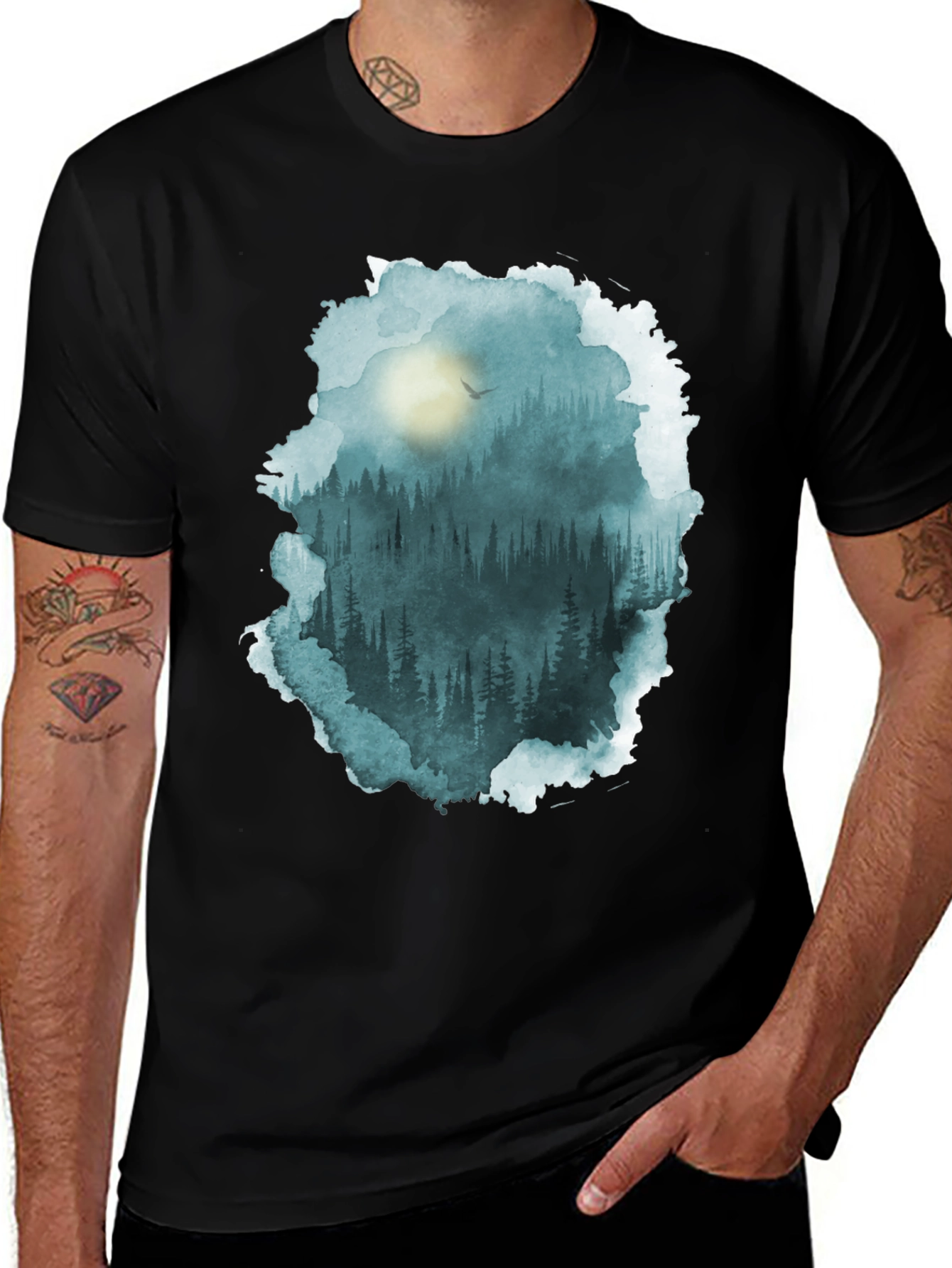 Variant 19 of Forest Watercolor Graphic Tee - Black Cotton Blend