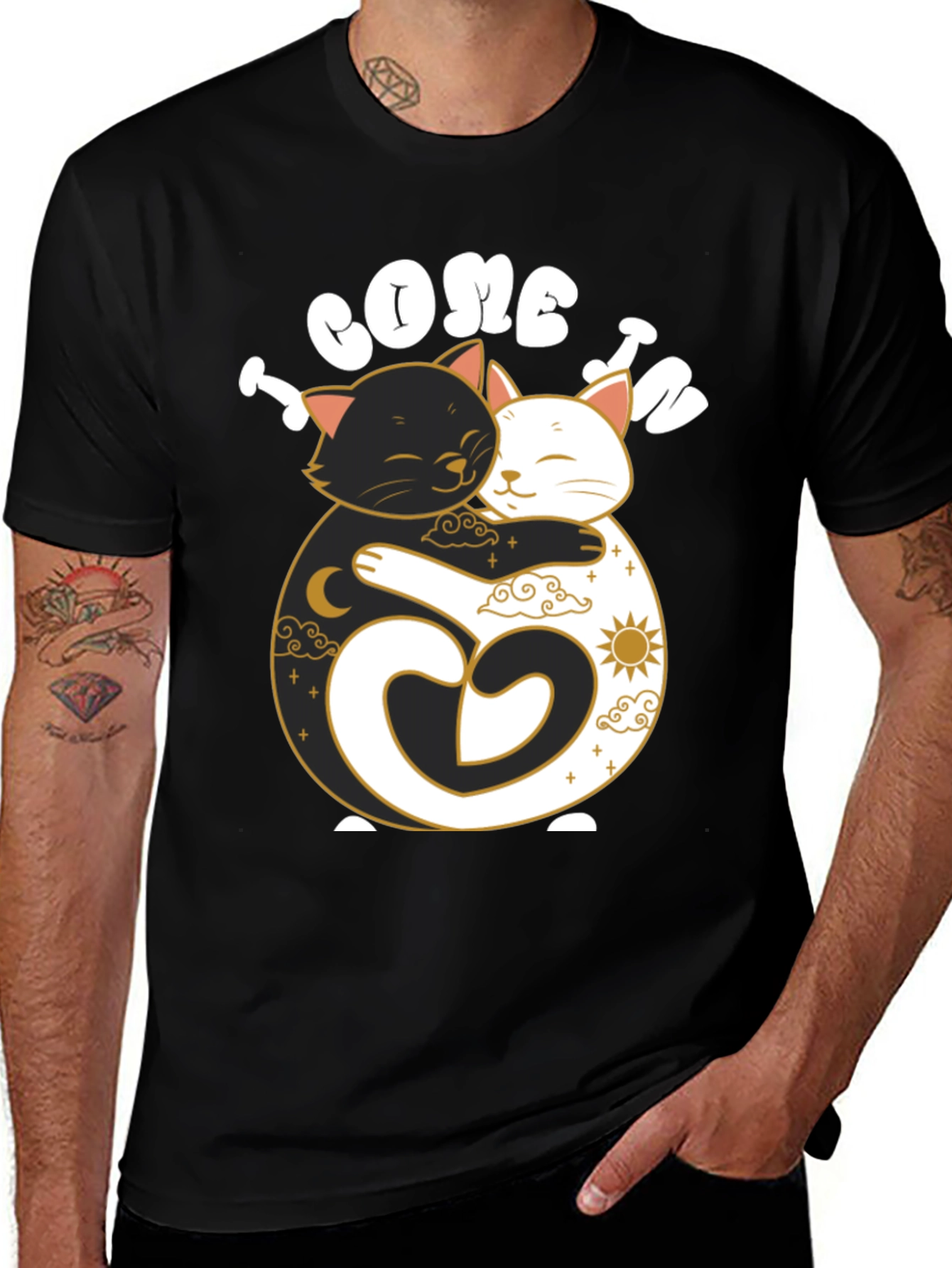Variant 29 of Yin Yang Cats Hugging Graphic Tee - Unisex Black T-Shirt