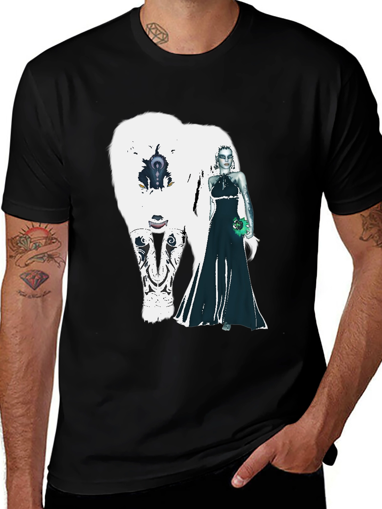 Variant 30 of Black T-Shirt with White Bear and Woman Graphic