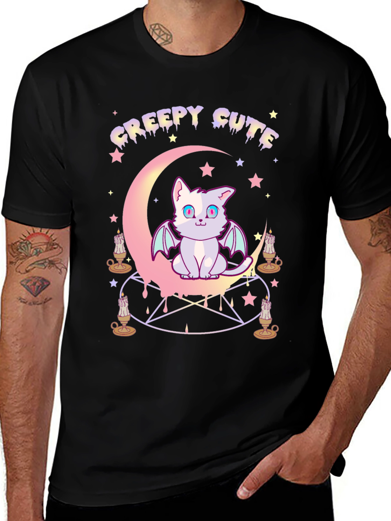 Variant 28 of Creepy Cute Cat Moon Pentagram Graphic T-Shirt