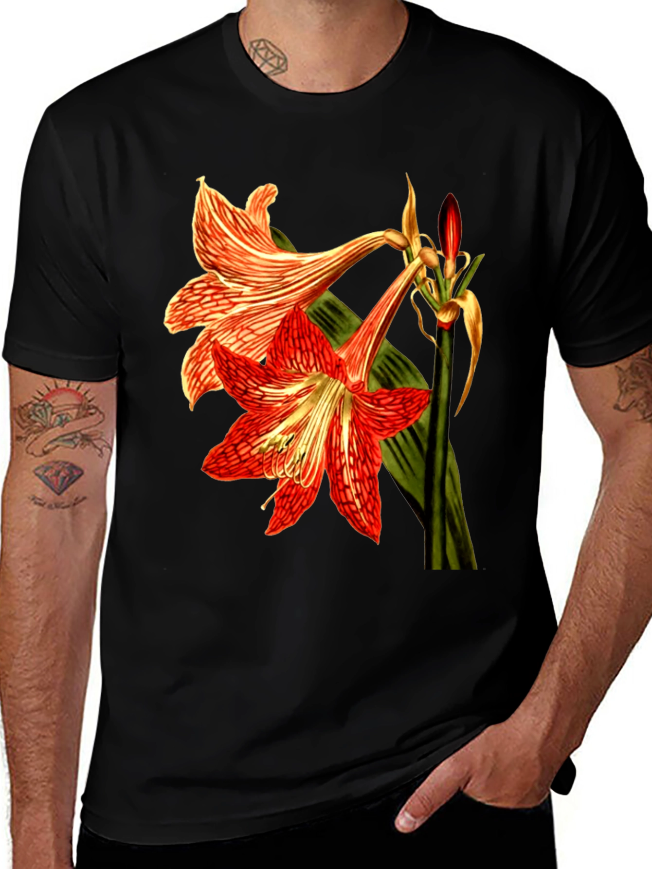 Variant 14 of Floral Print T-Shirt: Red Amaryllis Flower Tee