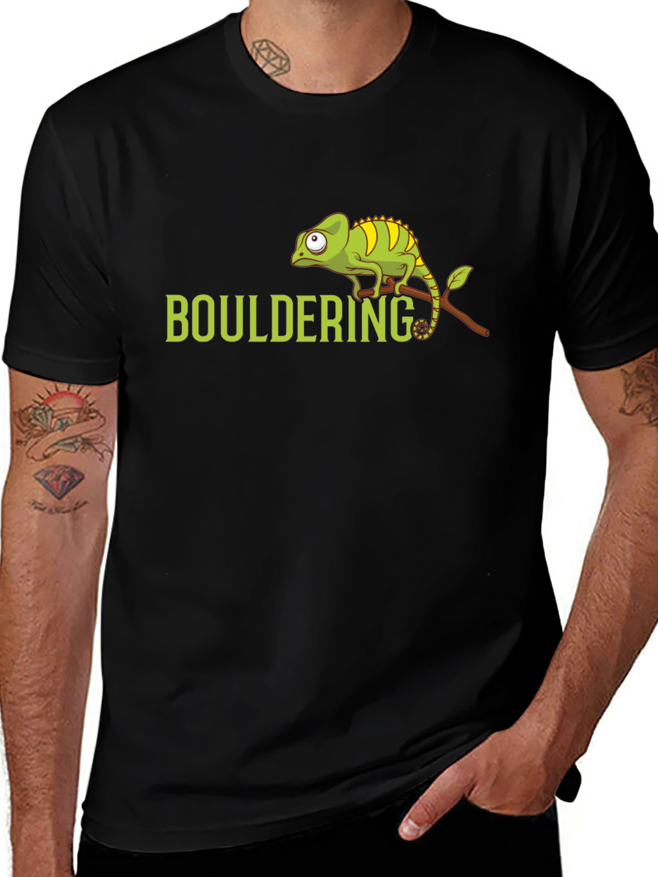 Variant 23 of Bouldering Chameleon Graphic Tee - Black Cotton T-Shirt