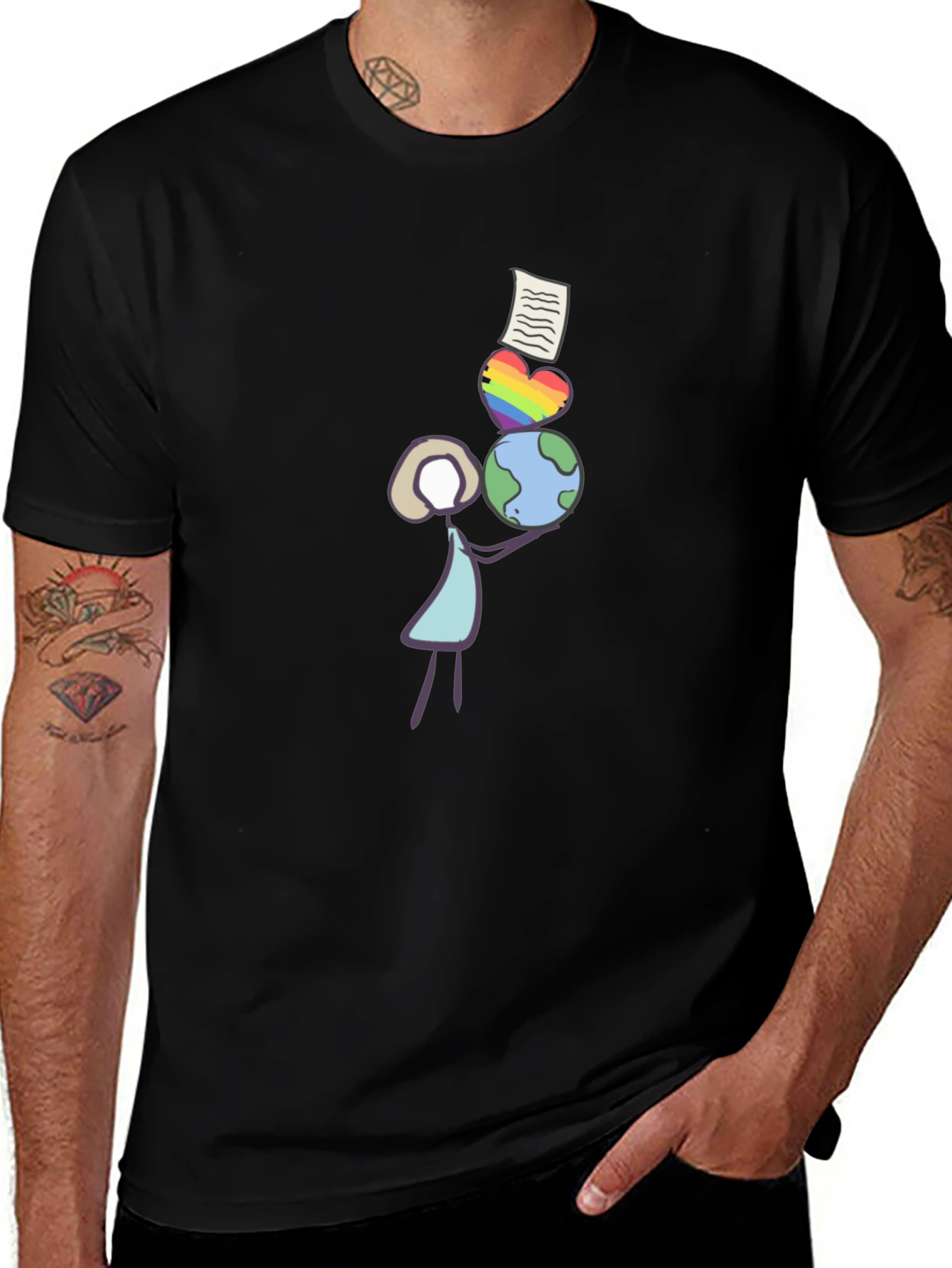 Variant 9 of Stick Figure Balancing Globe, Heart, and Paper T-Shirt