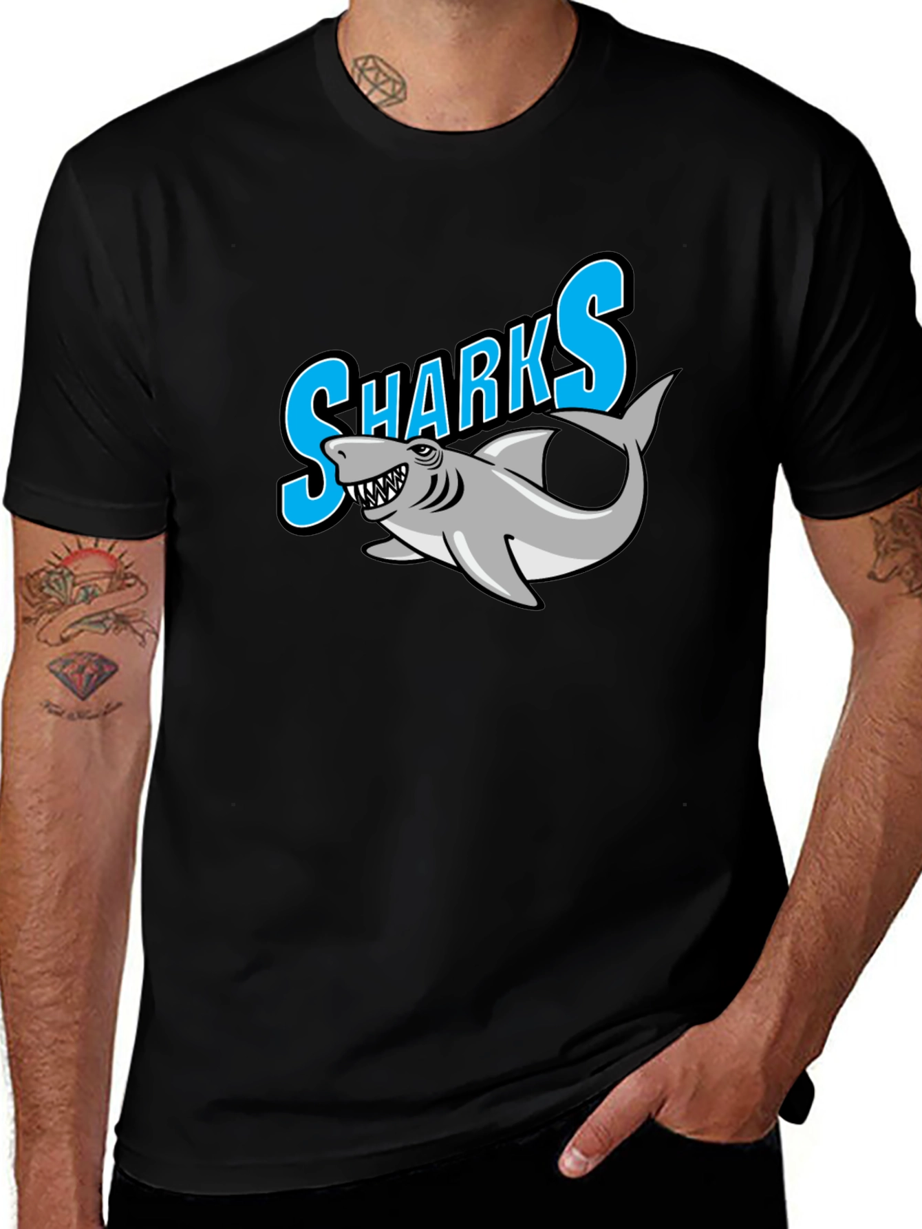Variant 12 of Sharks Graphic Black T-Shirt - Men's Casual Tee
