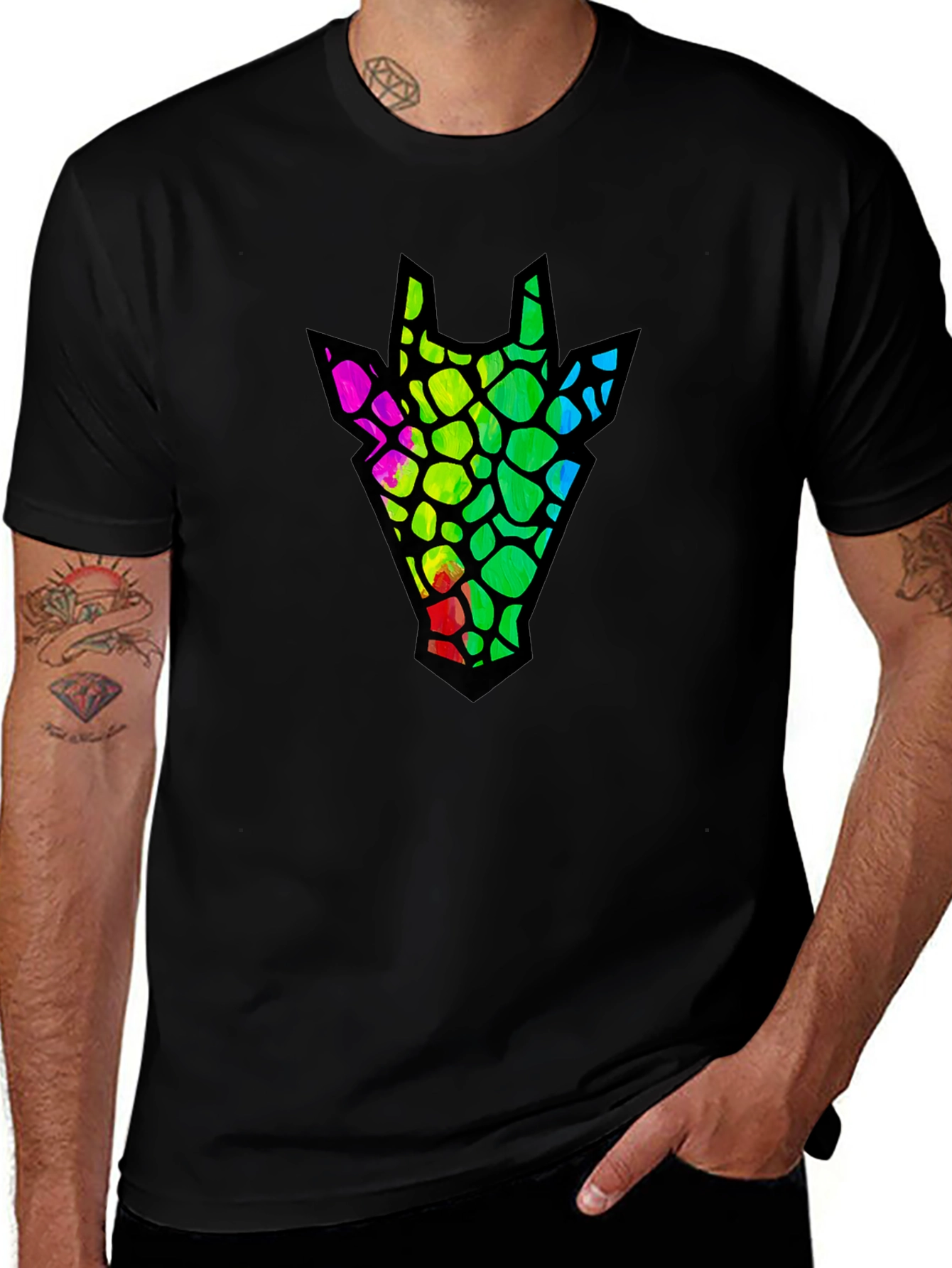 Variant 24 of Rainbow Giraffe Head Graphic Tee - Black