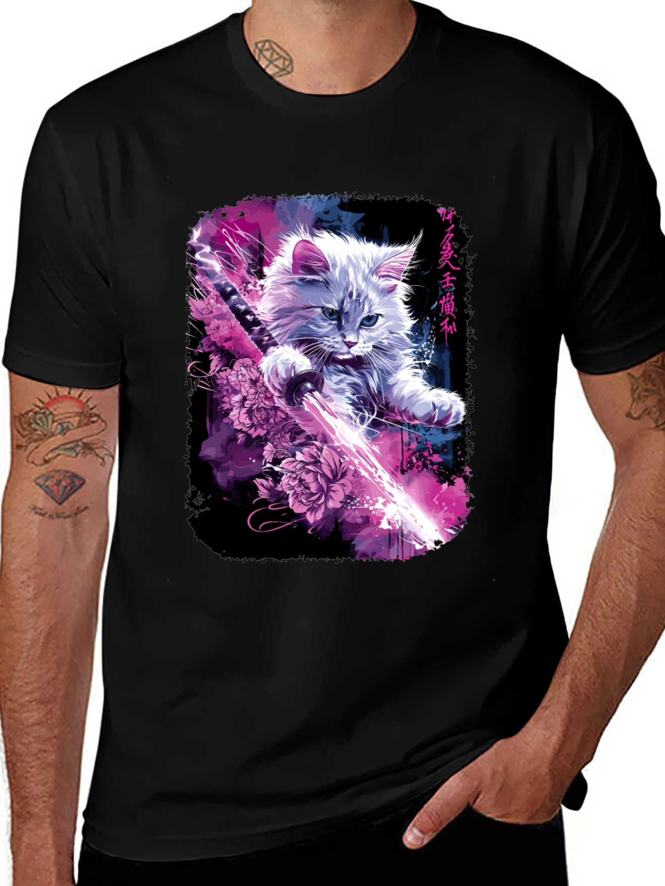 Variant 17 of Samurai Cat Graphic Tee - Black T-Shirt