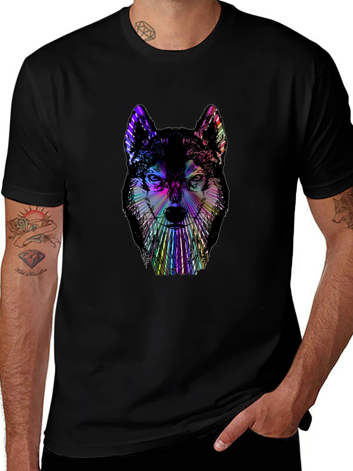 Variant 8 of Psychedelic Wolf Graphic Black T-Shirt